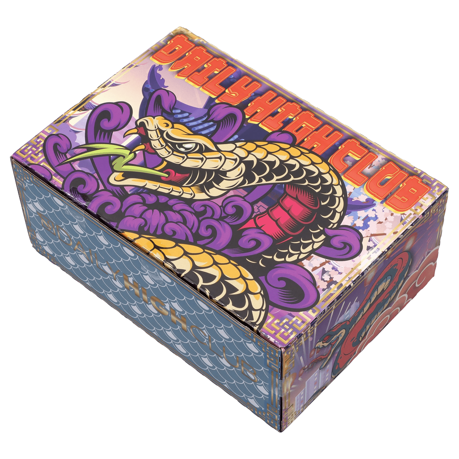 Front view of the “Year of the Snake” Smoking Box, featuring a colorful, patterned design on a rectangular container.