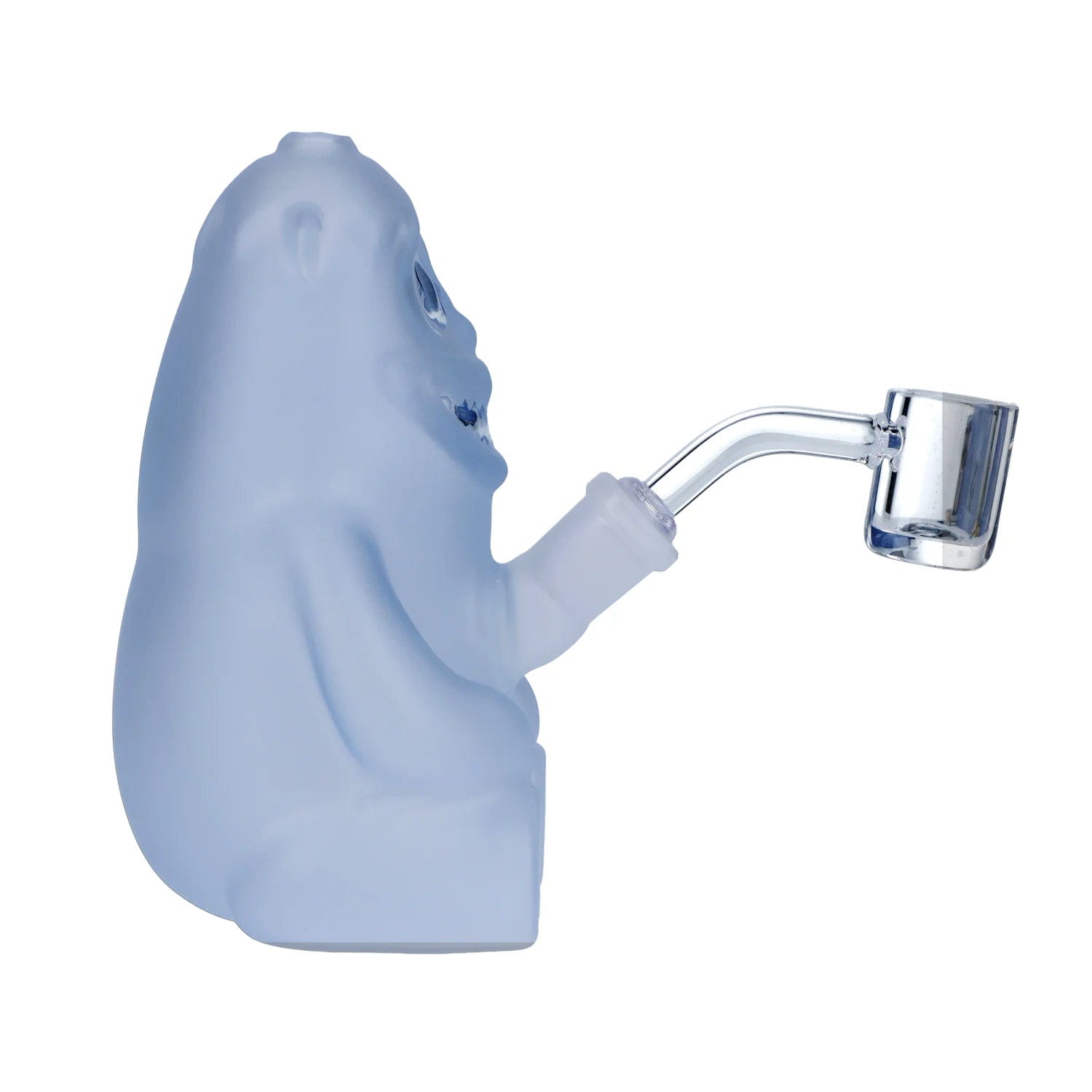 A side view of the DHC Originals Yeti Bong 🐻, showcasing its clear glass construction and curved design.