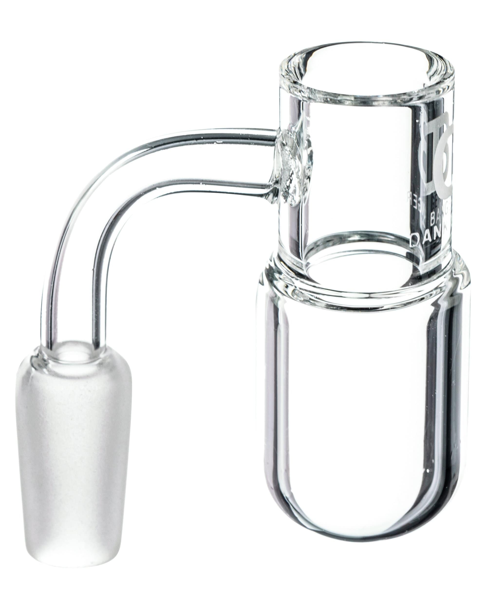 Close-up, top-down view of the clear glass 1490 Round Base Splashguard Dank Banger showing its rounded cup, angled joint, and two curved connecting tubes.