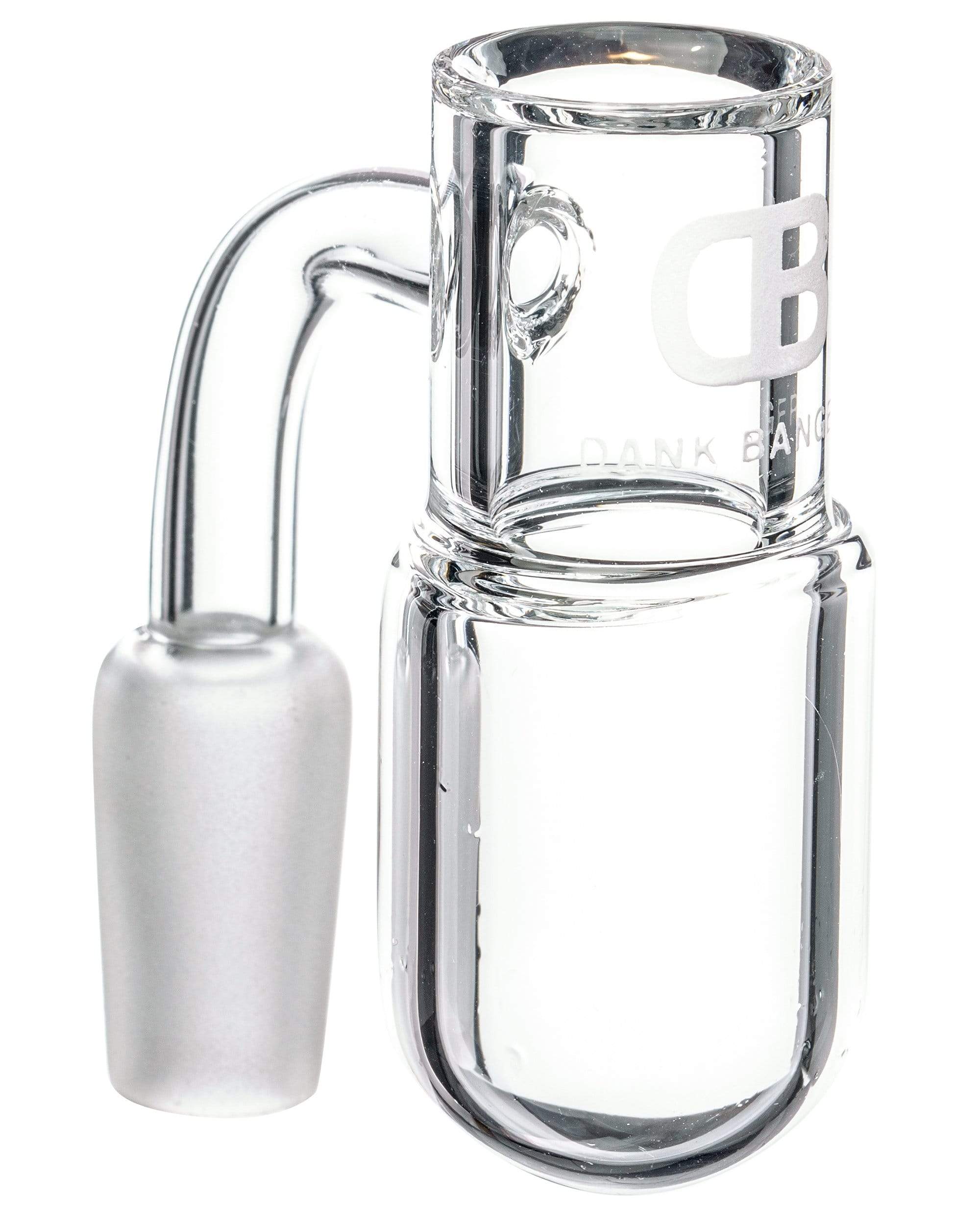 Close-up angled view of the clear 1490 Round Base Splashguard Dank Banger showing its rounded top rim, side joint and gloss reflections.