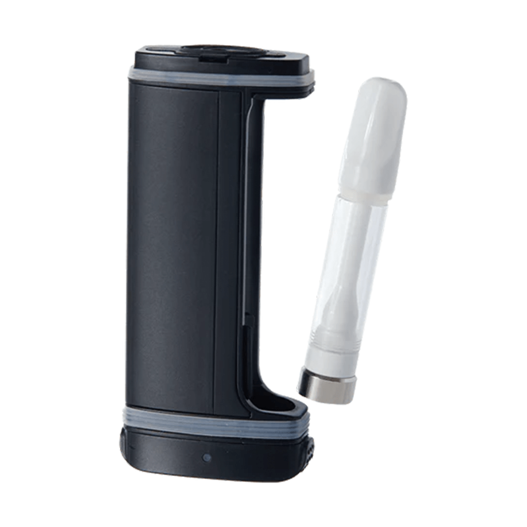 A side view of the Davinci ARTIQ, showing its sleek, silver and black design with a removable mouthpiece.
