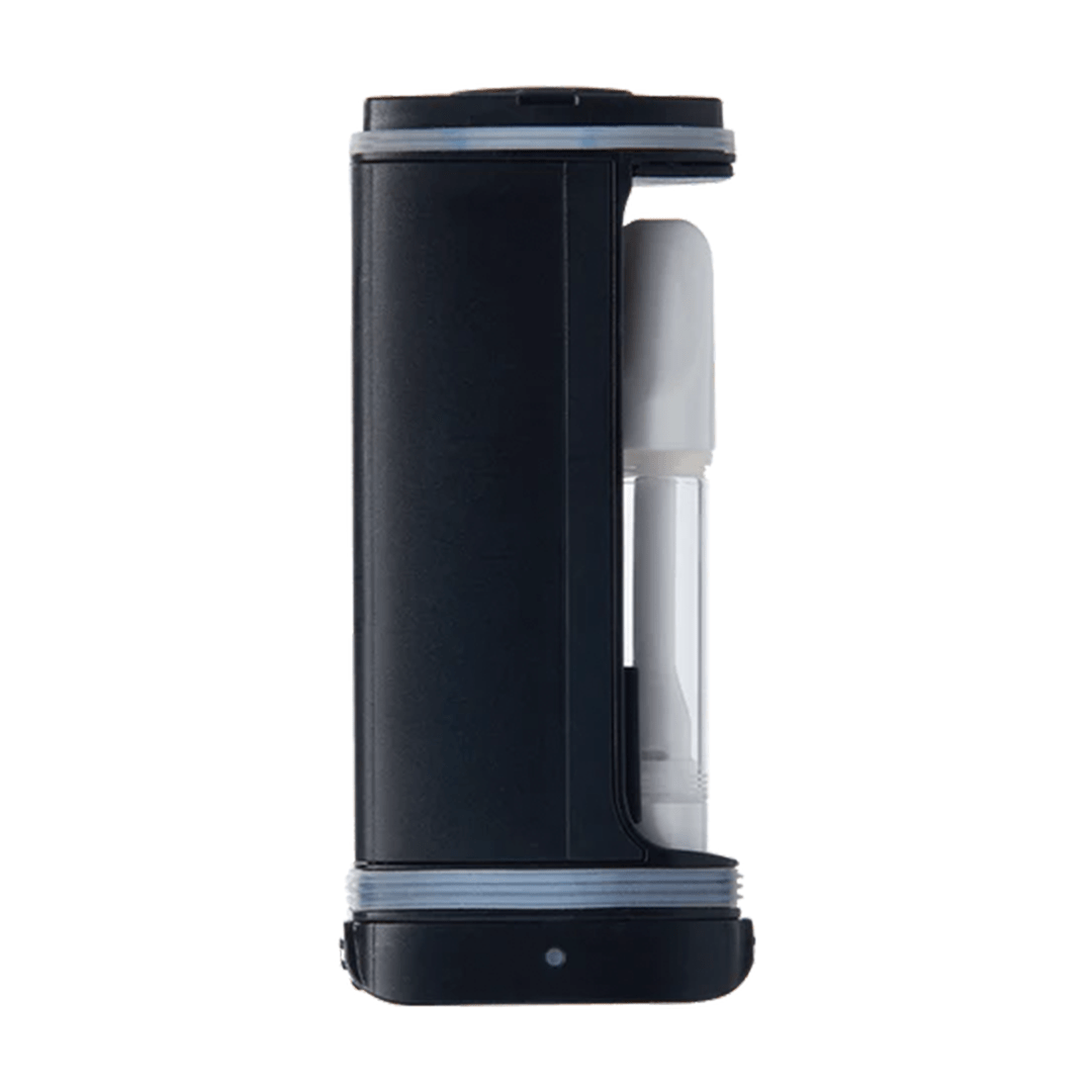 Side view of the Davinci ARTIQ, featuring a silver-toned device with a black mouthpiece and translucent chamber.
