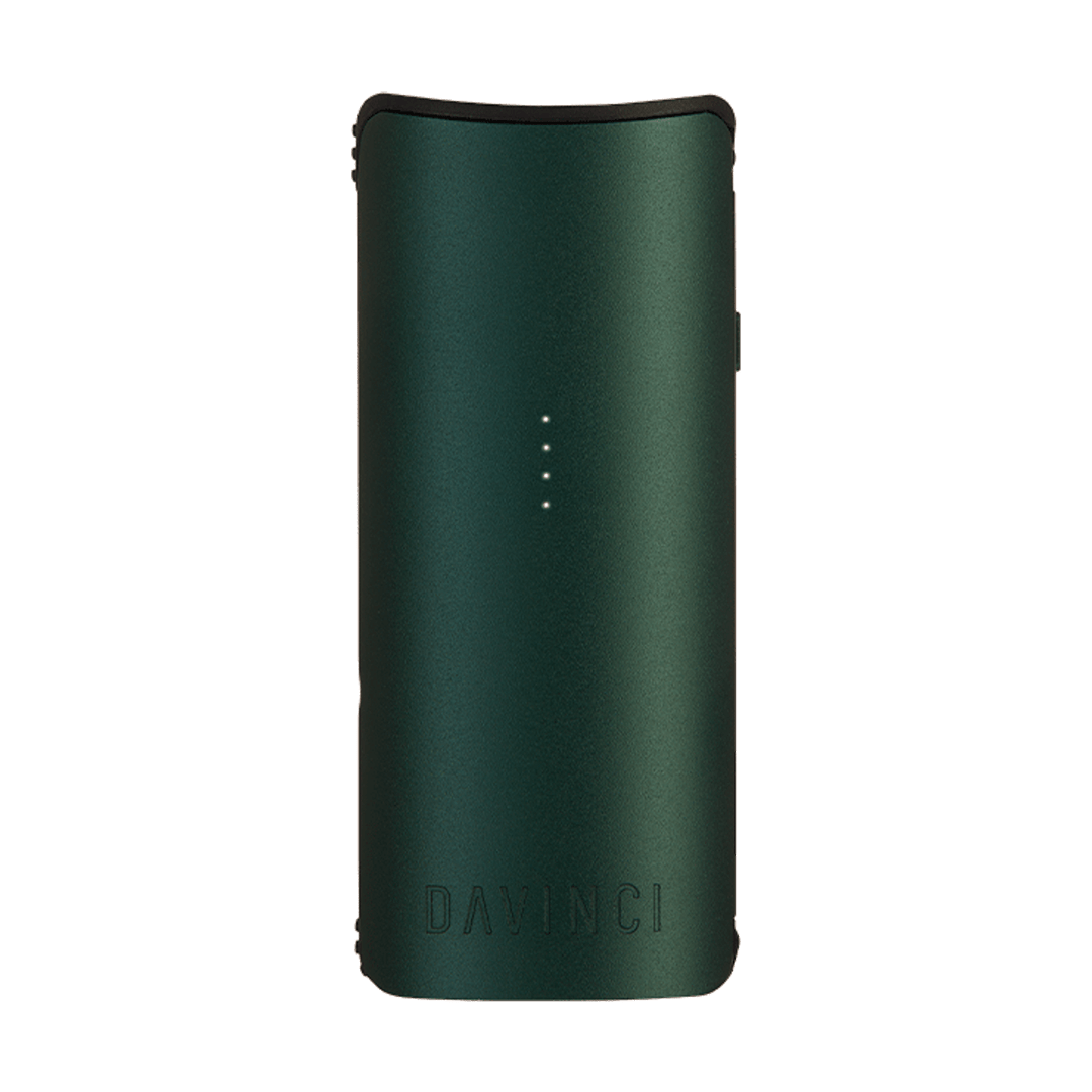 Front-facing view of the Black DaVinci Miqro-C Vaporizer standing upright on a white background, showing its matte curved body, four centered LED indicator dots, and embossed DAVINCI logo near the base.