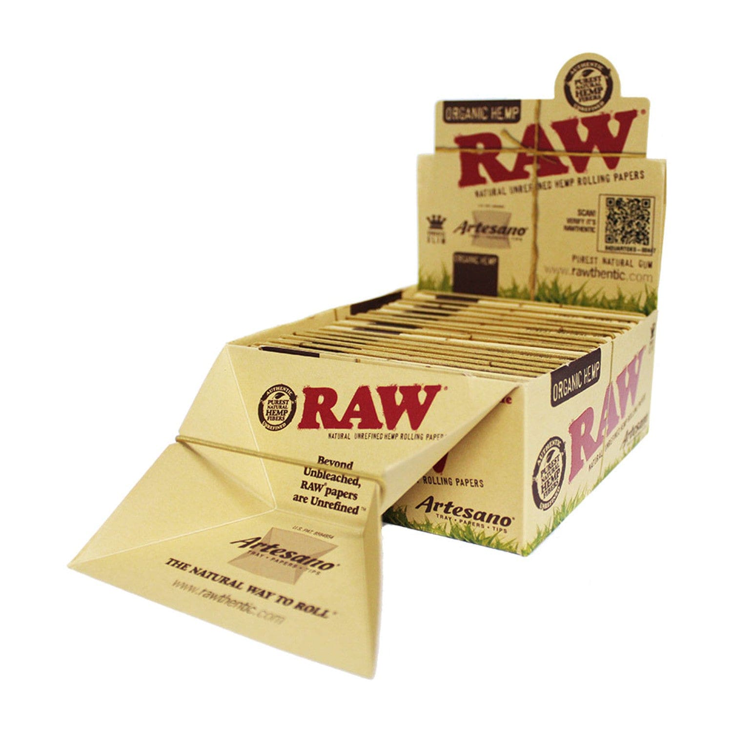 A slightly angled, close-up view of RAW Organic Hemp Artesano King Size Slim Papers + Tips packaging, displaying text and branding details.