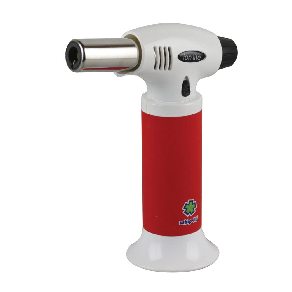 Angled front view of a Whip-It! Ion Lite Torch Lighter with a white top, red cylindrical body and stainless steel nozzle on a white background.