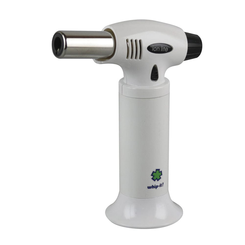 Studio-front view of the Whip-It! Ion Lite Torch Lighter in white and black, standing upright against a plain white background.