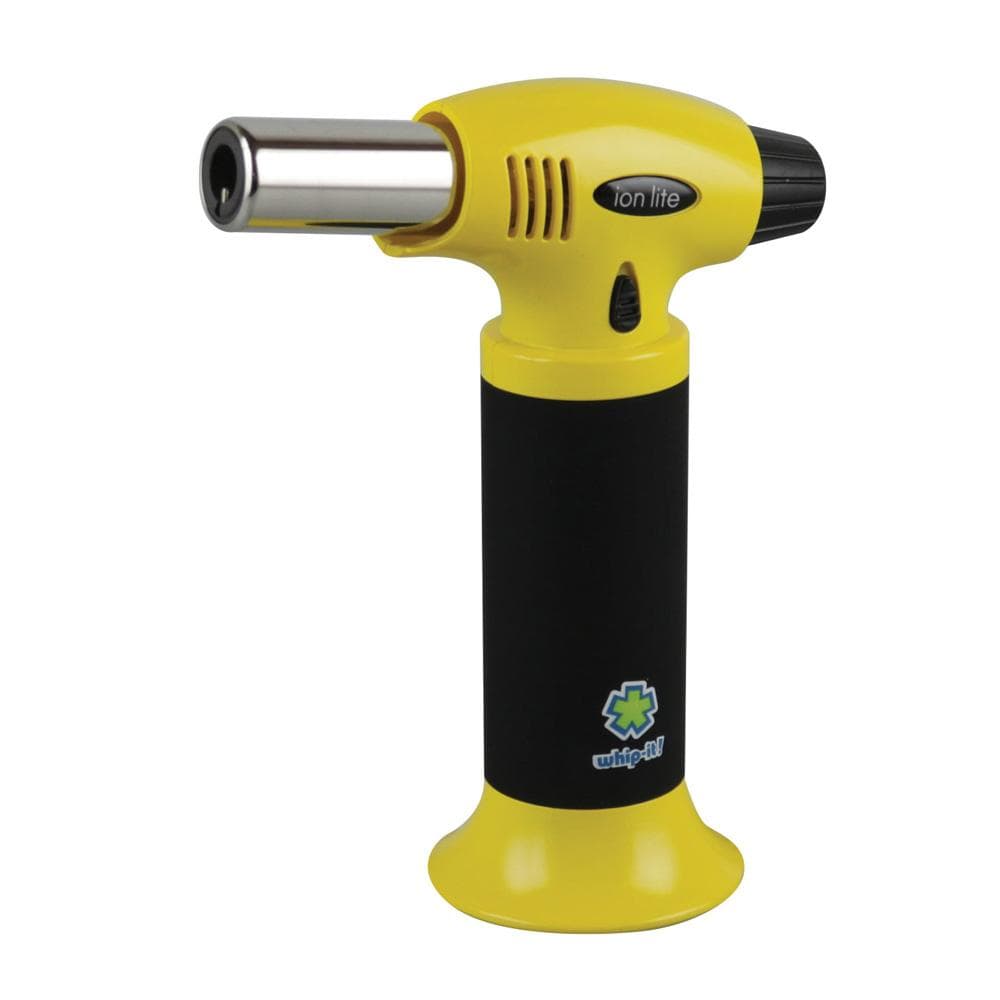 Front three-quarter view of the yellow and black Whip-It! Ion Lite Torch Lighter showing its stainless nozzle, textured grip, and logo on a white background