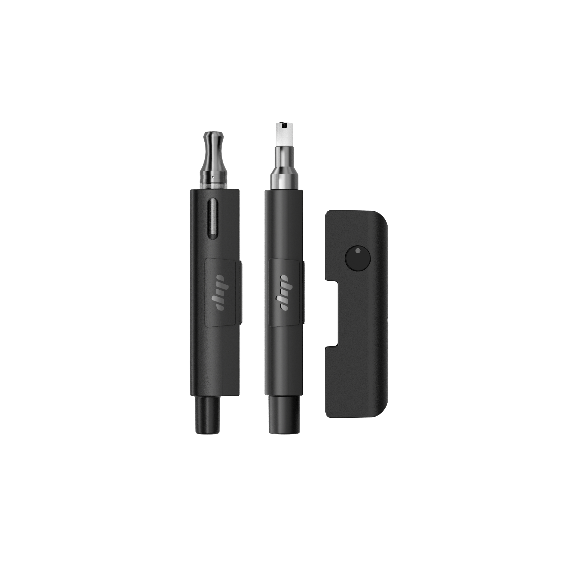 Close-up, front view of three black Dip Devices Evri For 510, Flower, And Concentrates components aligned upright on a plain background