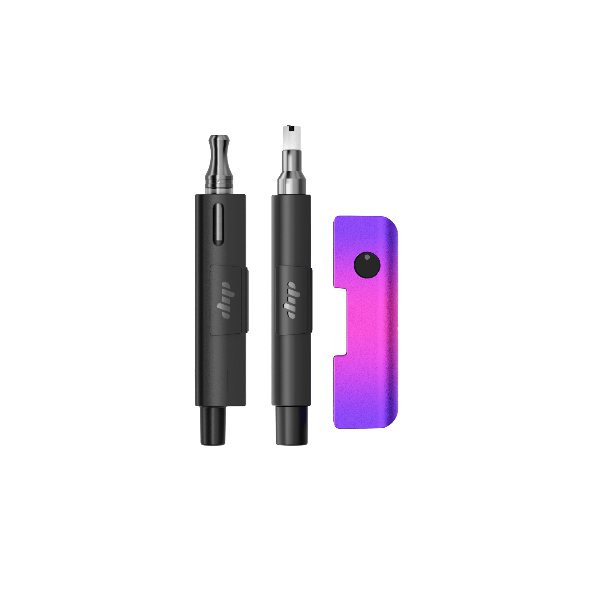 Close-up front view of three parts of the Dip Devices Evri For 510, Flower, And Concentrates shown against a white background, two black pen-style components and a purple gradient magnetic clip.