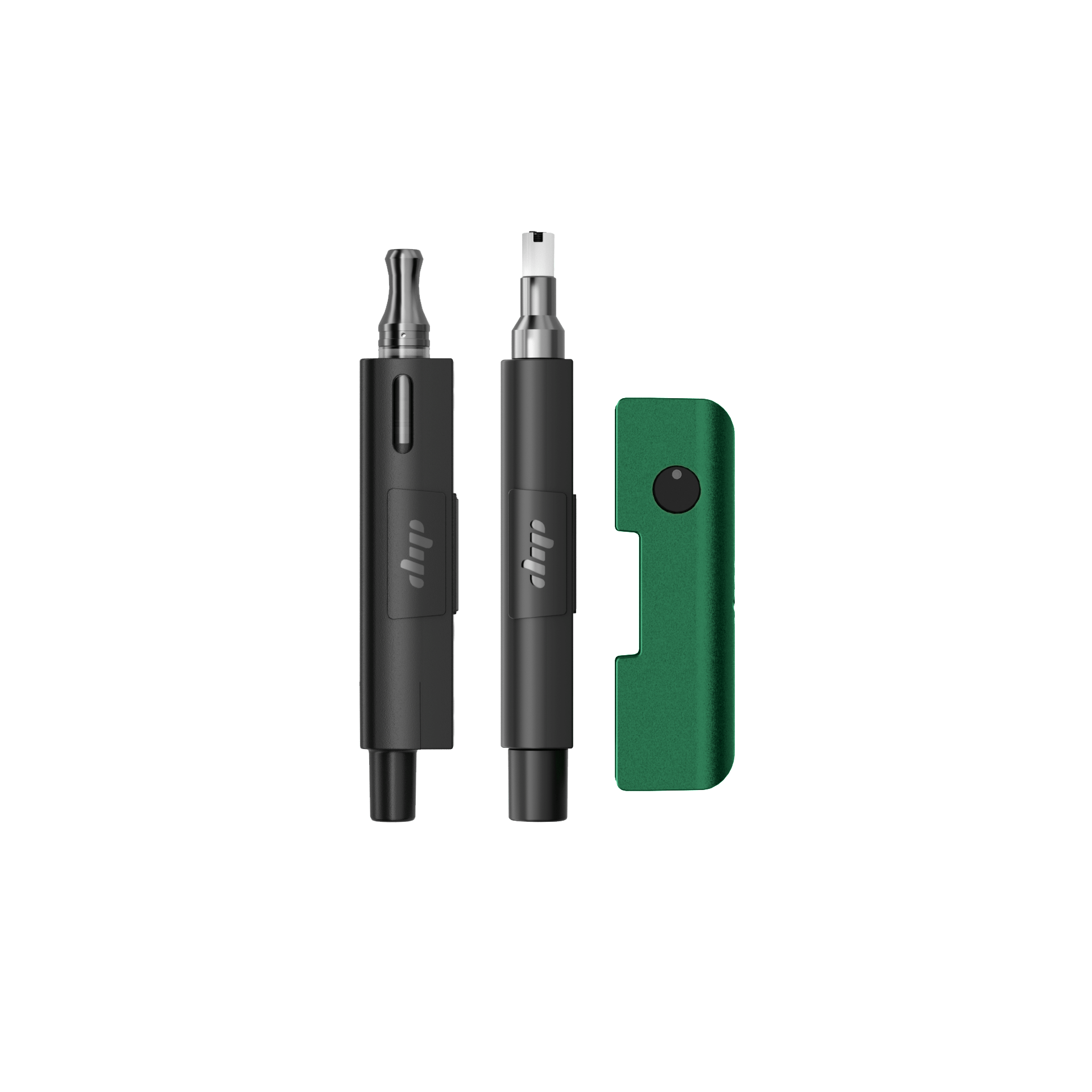 Close-up of three upright pieces—two black Evri pen attachments and a green Evri cap—shown from the front, labeled Dip Devices Evri For 510, Flower, And Concentrates