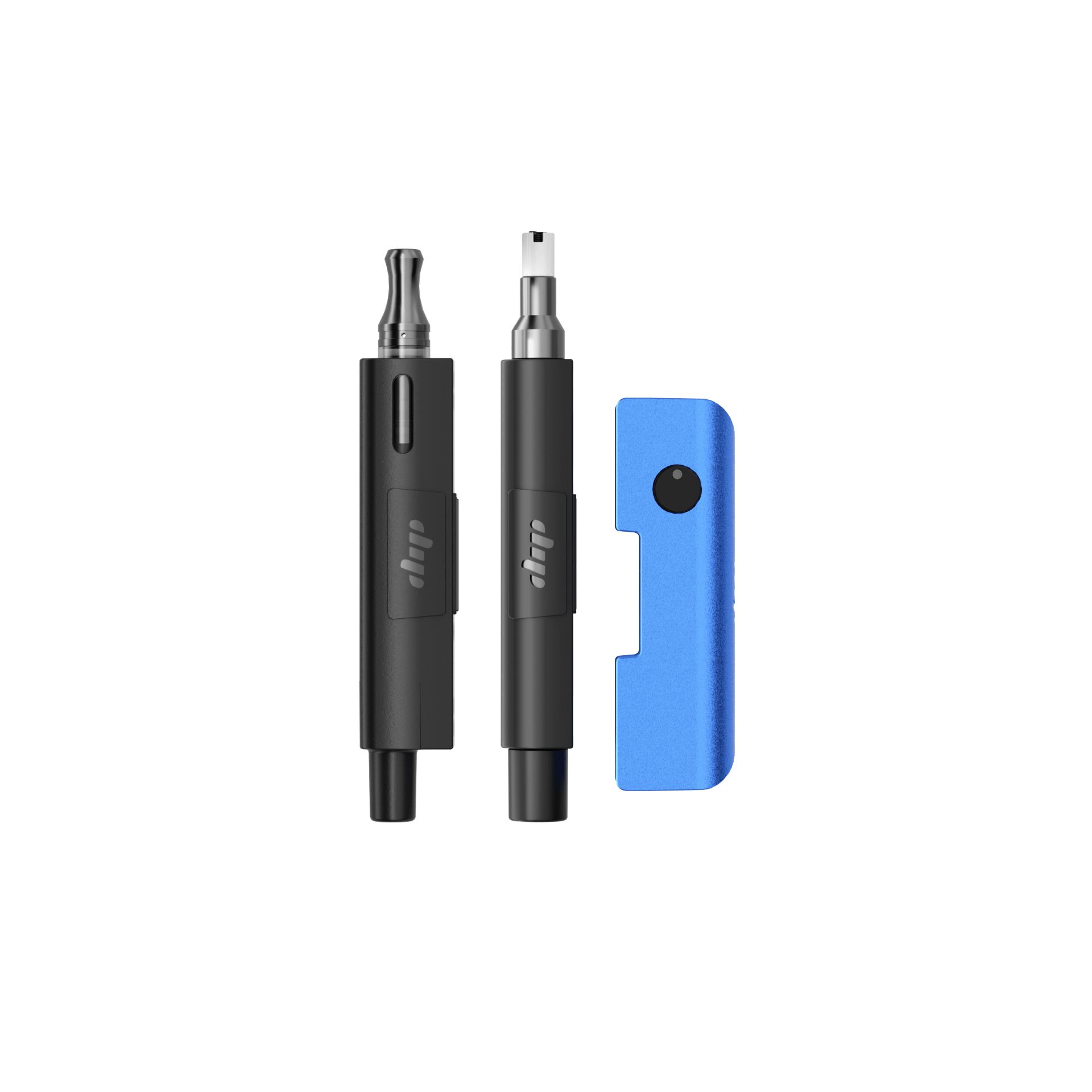 Close-up front view of three accessories including a blue tool and two black pen-style pieces for the Dip Devices Evri For 510, Flower, And Concentrates.