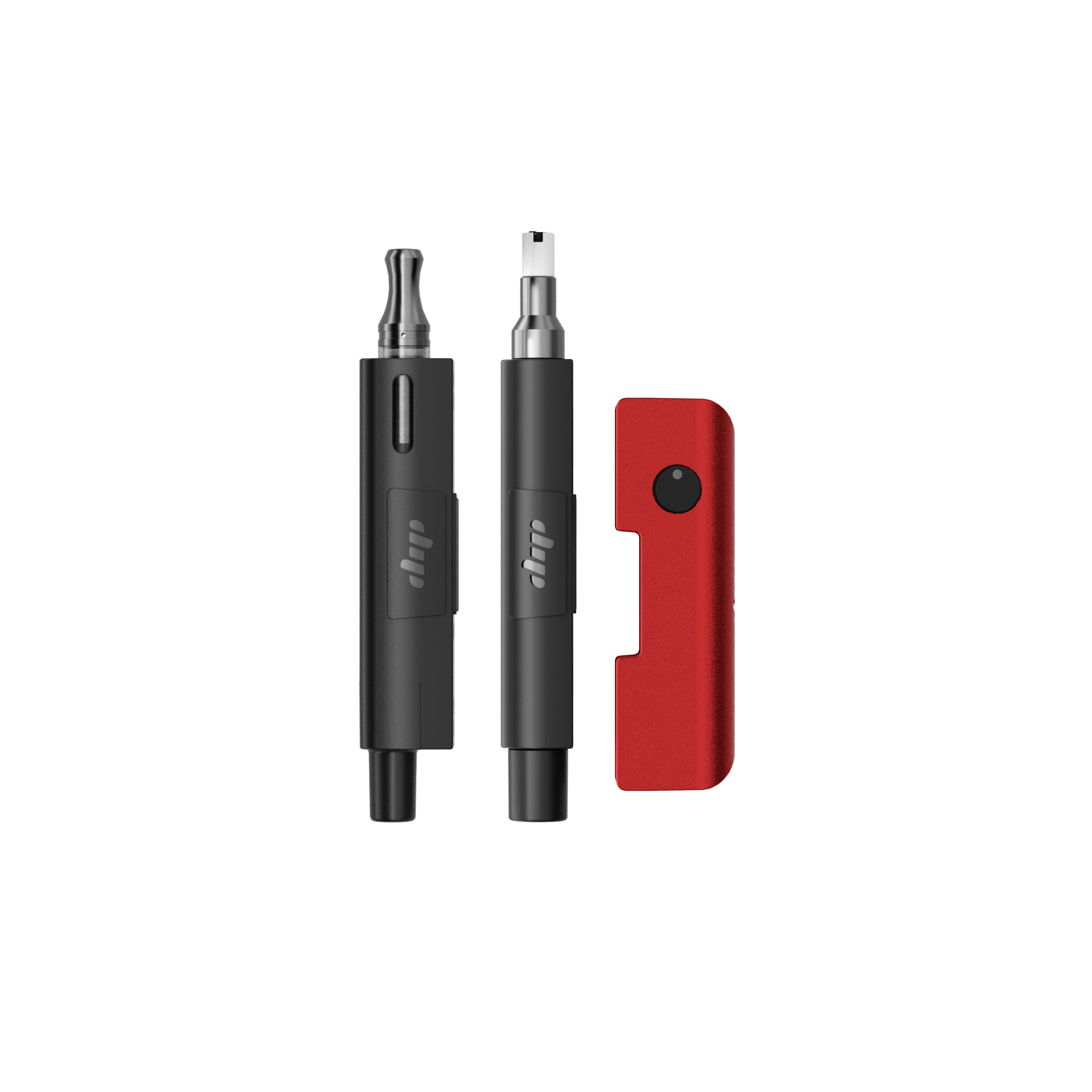 Close-up of three upright Dip Devices Evri For 510, Flower, And Concentrates components—two black pen-style cartridges and a red rectangular accessory on a white background
