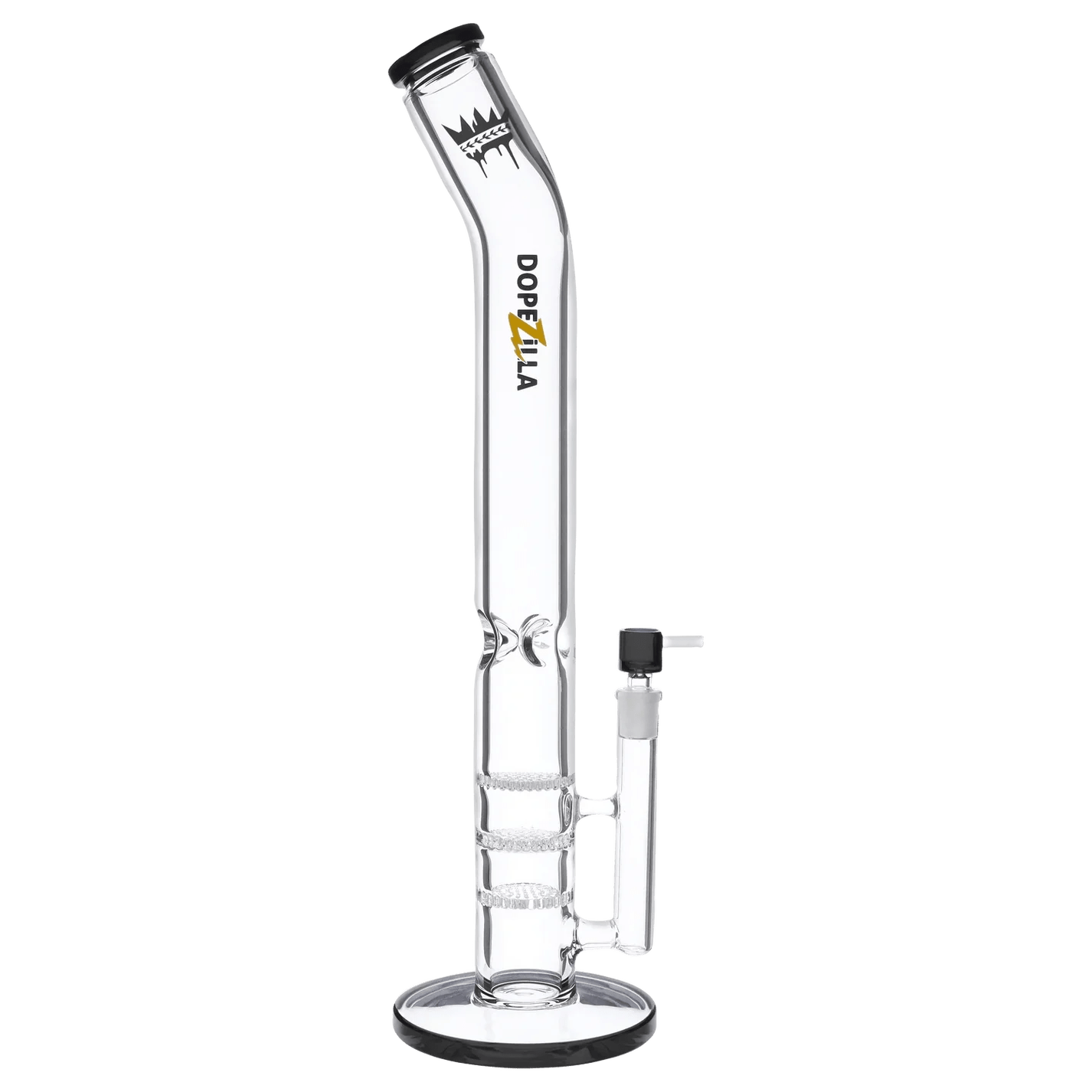 A studio shot of the Titans Cronus Water Pipe, showcasing its clear glass construction and beaker shape from a low angle.