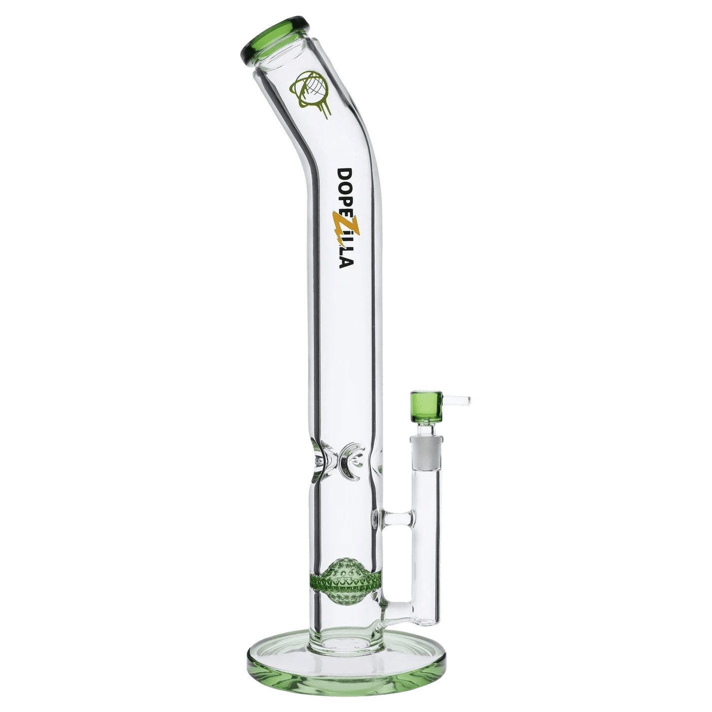 Front view of the Titans Atlas Water Pipe, a green glass piece with a wide base and slender neck.