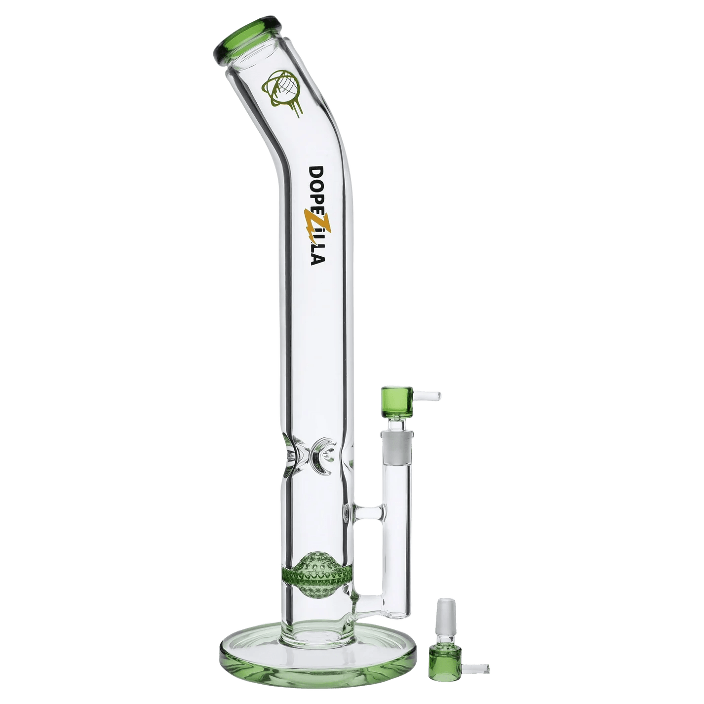 A studio shot of the Titans Atlas Water Pipe, showcasing its curved neck and clear glass construction against a plain white background.