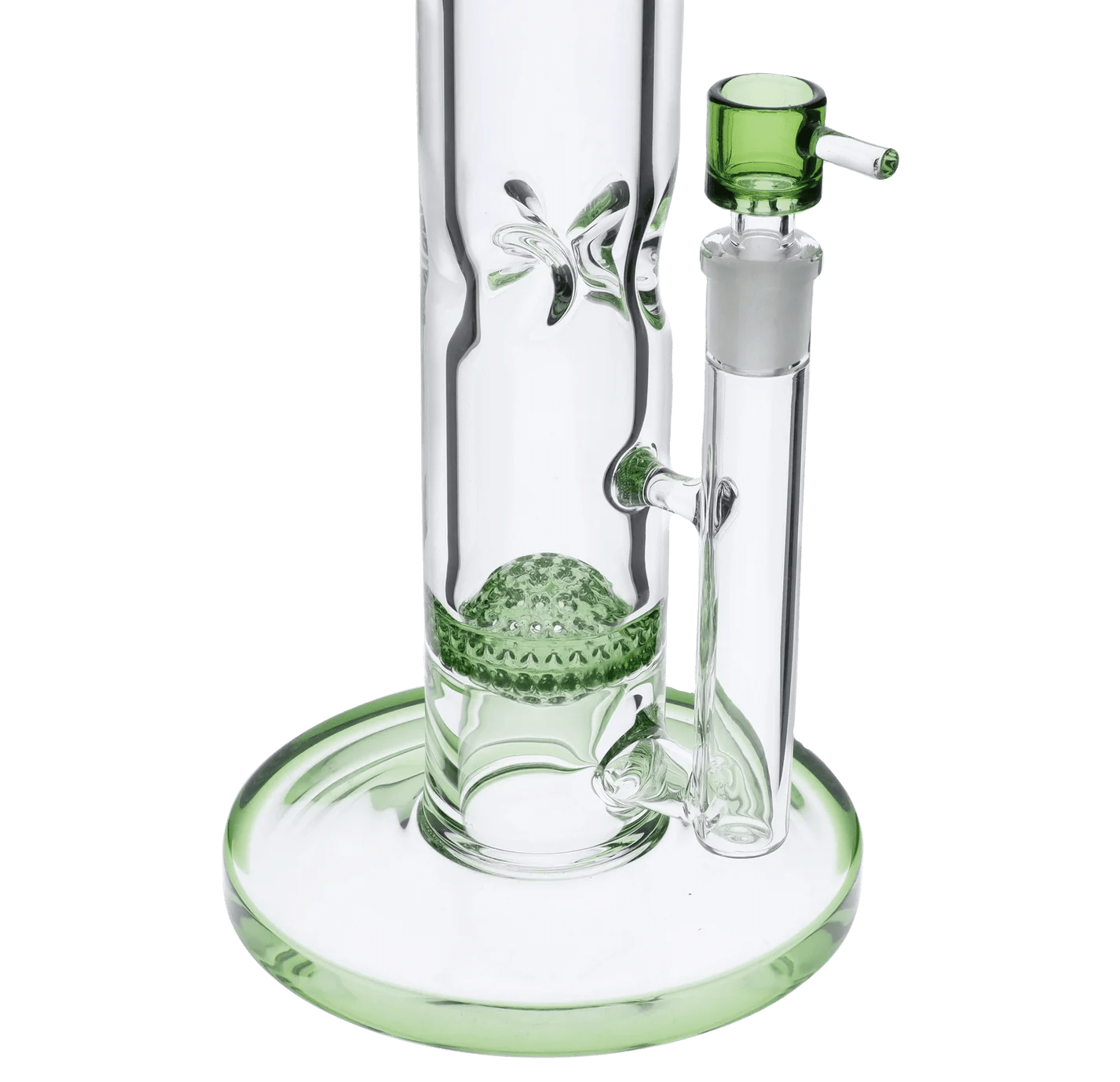 Front view of the Titans Atlas Water Pipe, a clear glass pipe with a rounded base and green accent on the mouthpiece.
