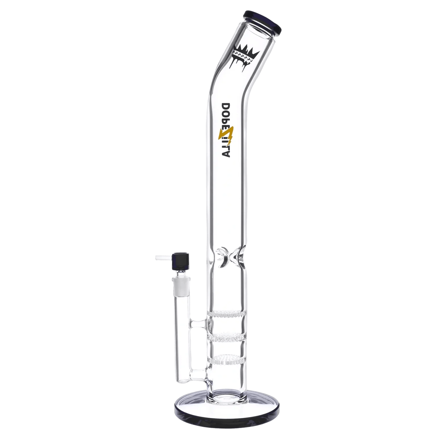 Front view of the Titans Cronus Water Pipe, a clear glass pipe with a black accent and angled neck, against a white background.