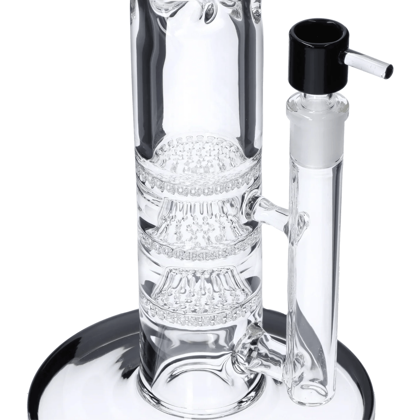 Front view of the Titans Cronus Water Pipe, a clear glass pipe with a cylindrical shape and black mouthpiece.