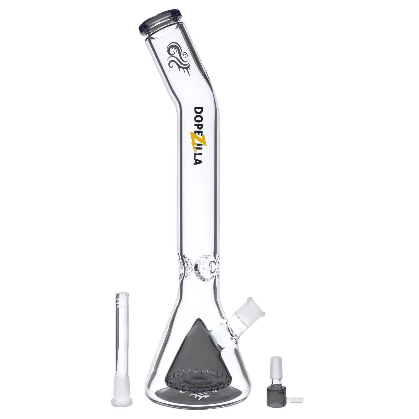 Front view of the Titans Oceanus Water Pipe, a clear glass beaker with a simple cylindrical shape and detached downstem and bowl.