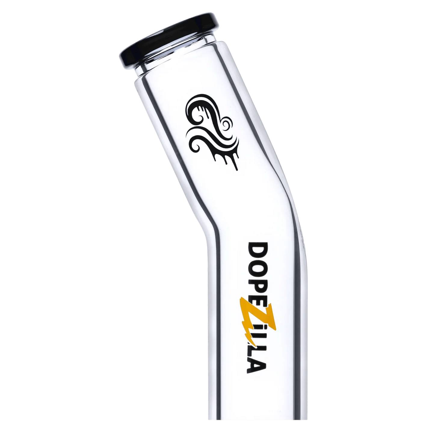 A studio shot of the Titans Oceanus Water Pipe, showcasing its clear glass construction and simple, curved design.