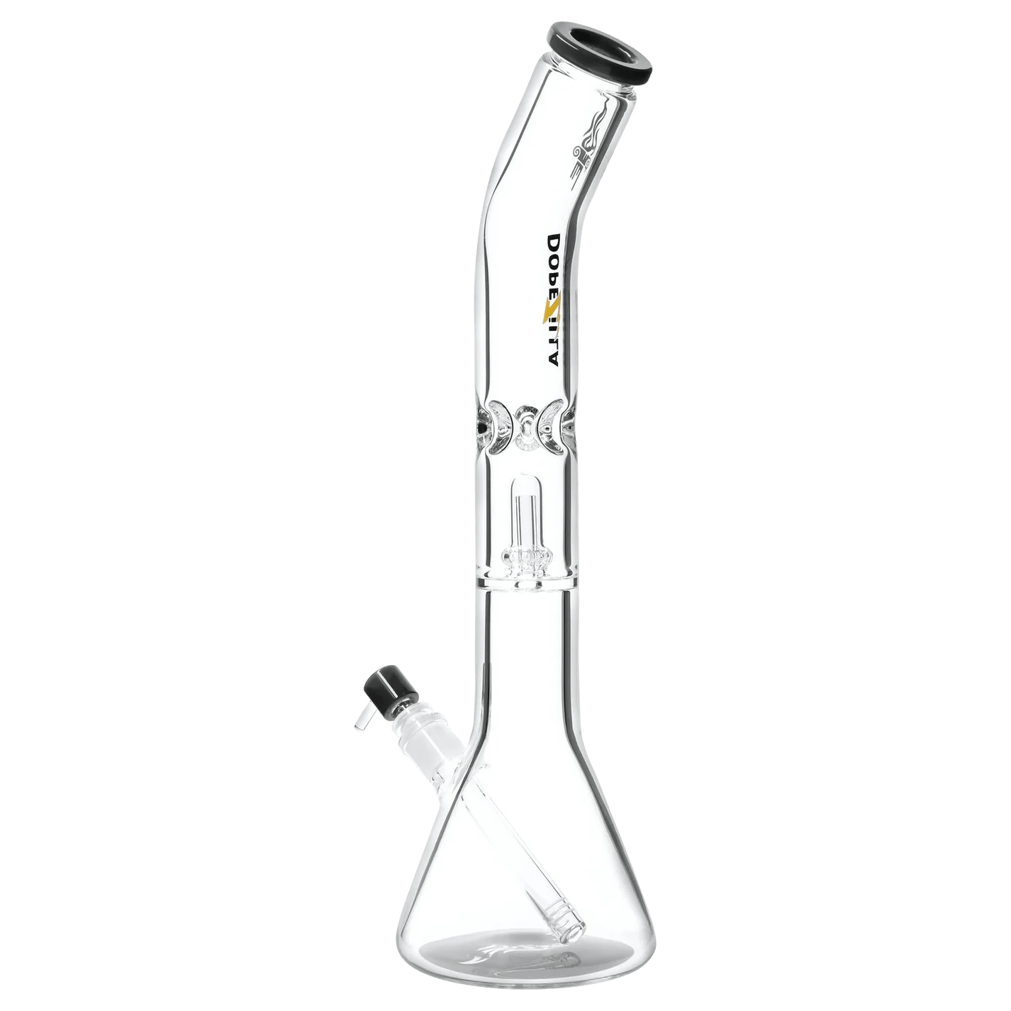 A studio shot of the Titans Promethus Water Pipe, a clear glass pipe angled slightly from above.