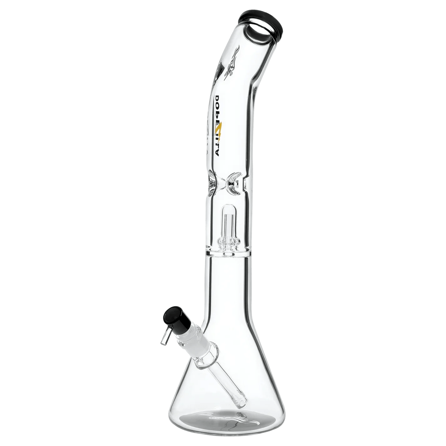 A studio shot of the Titans Promethus Water Pipe, showcasing its clear glass construction and classic beaker shape.