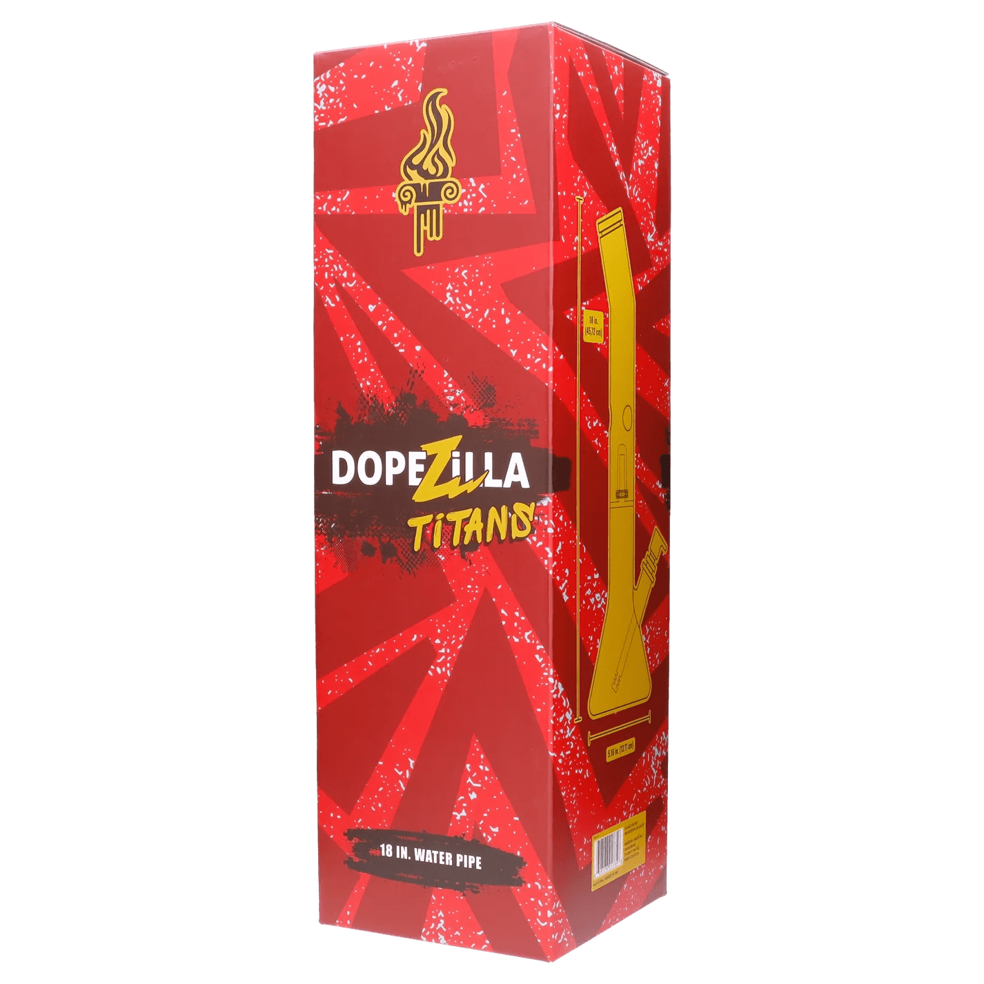 Front view of the Titans Promethus Water Pipe, a red glass piece with a unique, angled design.