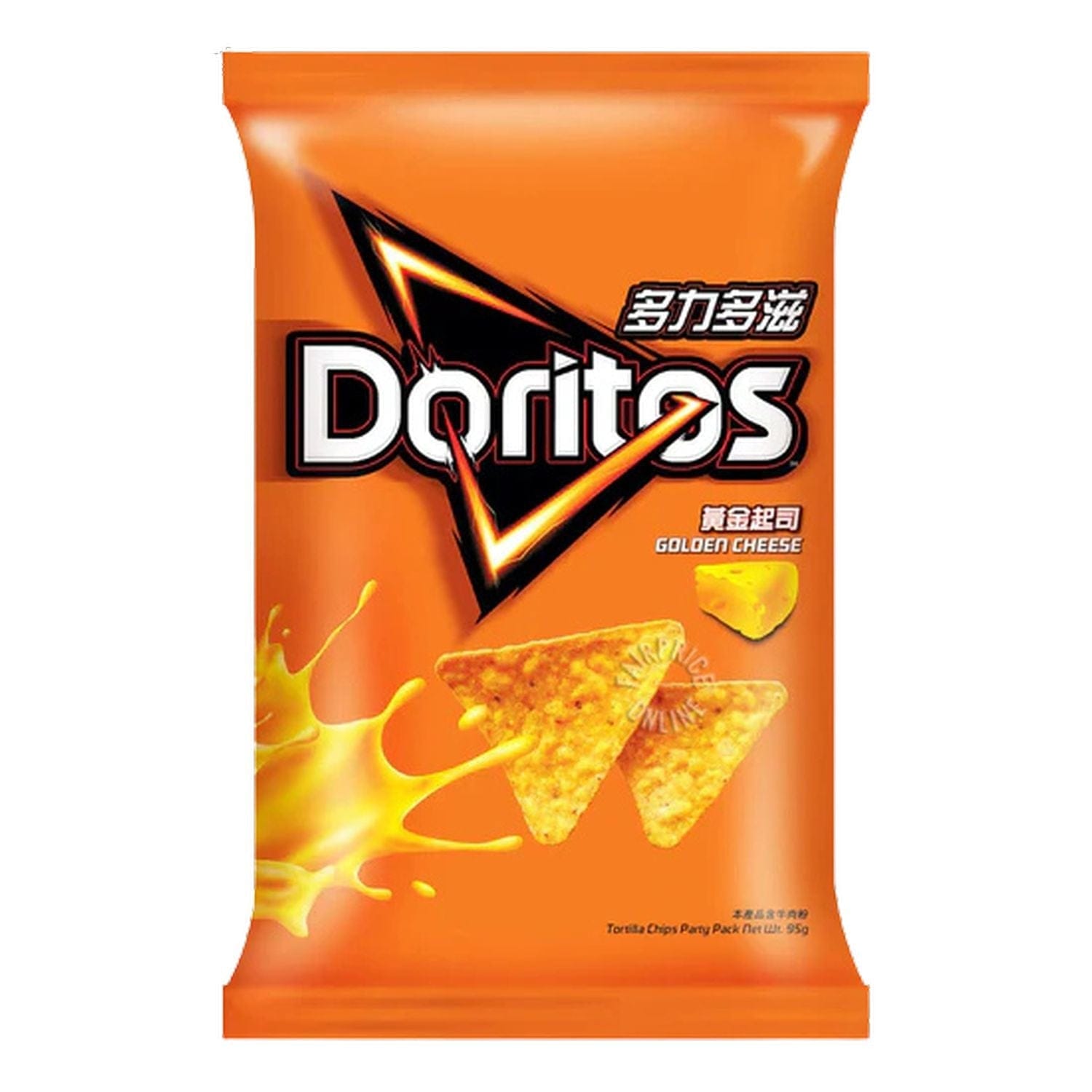 A close-up, angled shot of Doritos Golden Cheese (48g) chips, displaying the product's bold logo and vibrant yellow color.