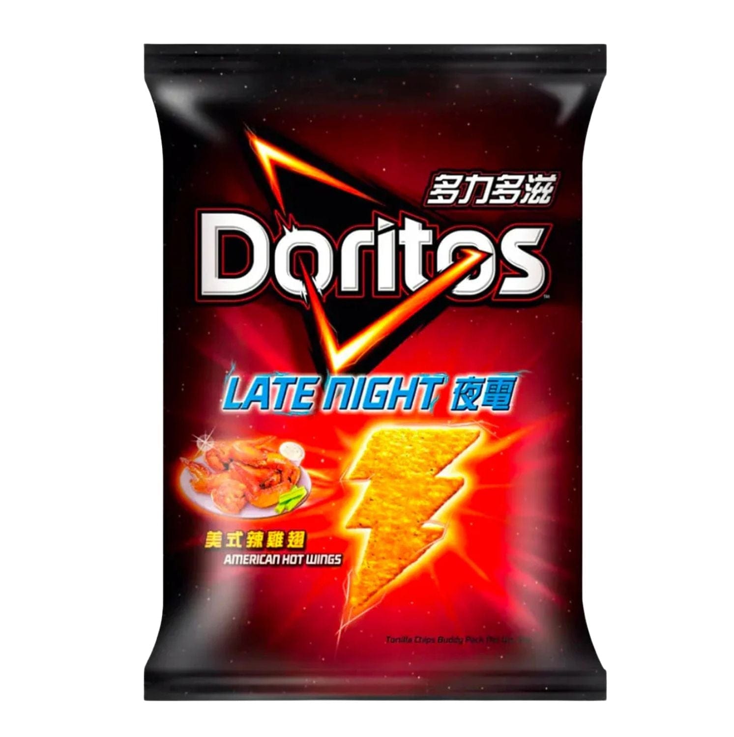 A front view of the Doritos Late Night American Hot Wings (48g) (China) pack, displaying vibrant red and black packaging with stylized text.