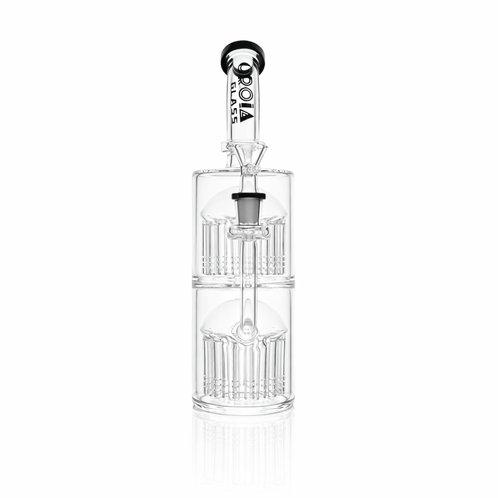 Center-frontal view of the Croia Glass 11" Double Tree Perc Scientific Glass Bong against a white background showing its two stacked tree percs and clear glass reflection