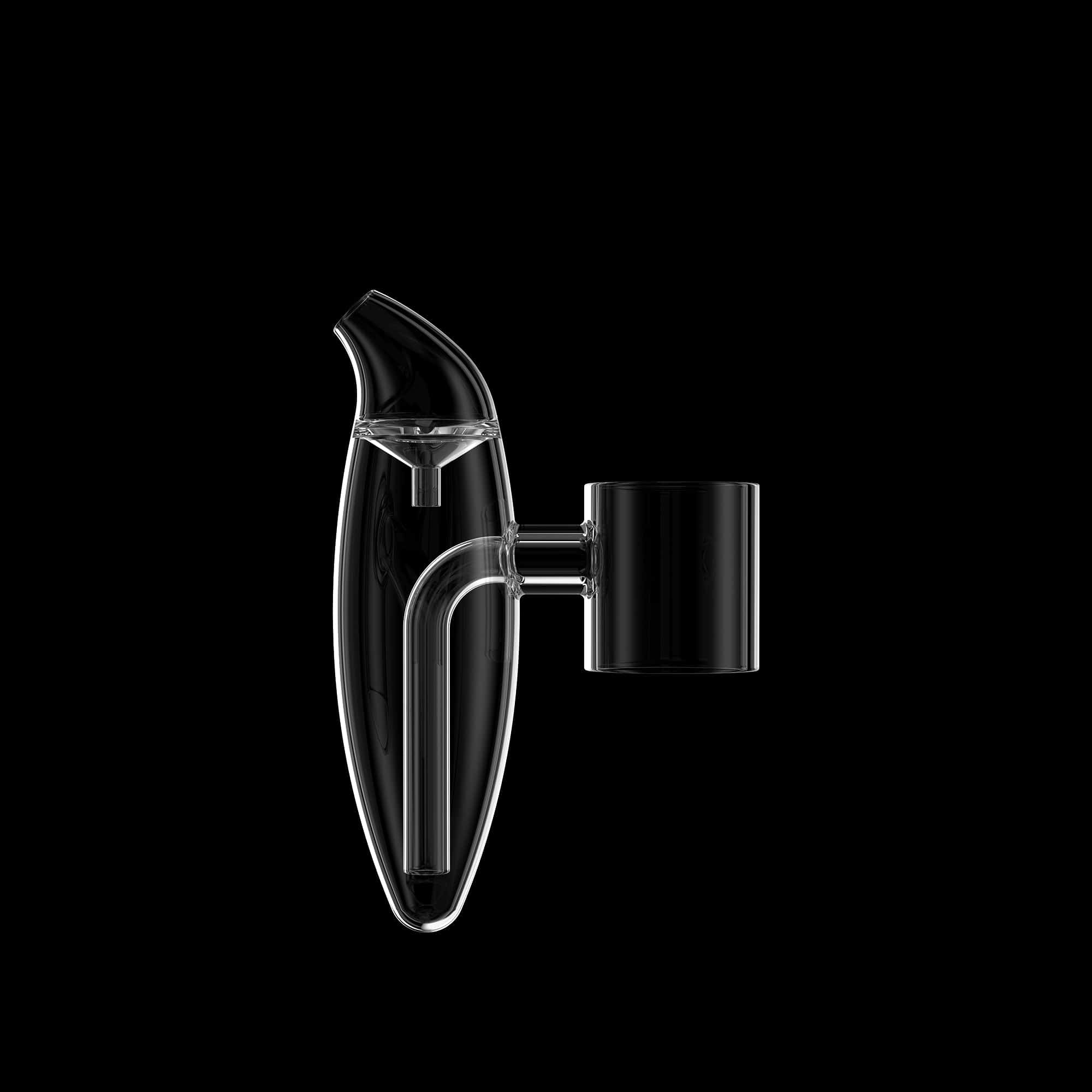 Close-up side view of the clear glass mouthpiece and chamber of the Dr. Dabber XS™ against a black background.