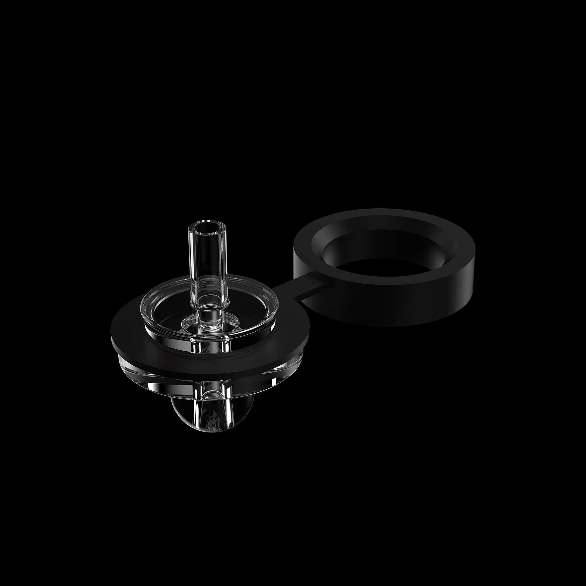 Close-up angled view of the glass and black silicone components of the Dr. Dabber XS™ against a solid black background.