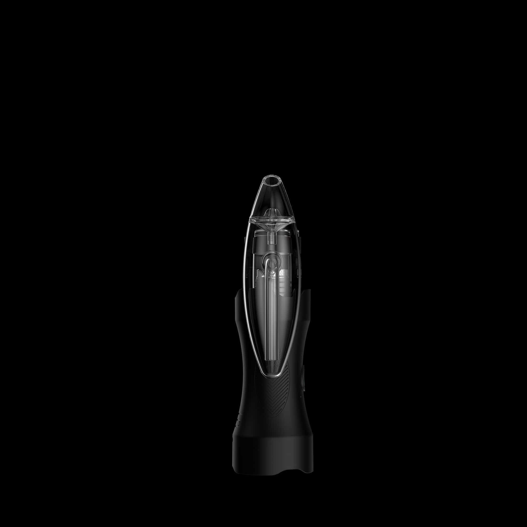 Top-down close-up of the transparent mouthpiece and upper chamber of the Dr. Dabber XS™ centered against a black background.