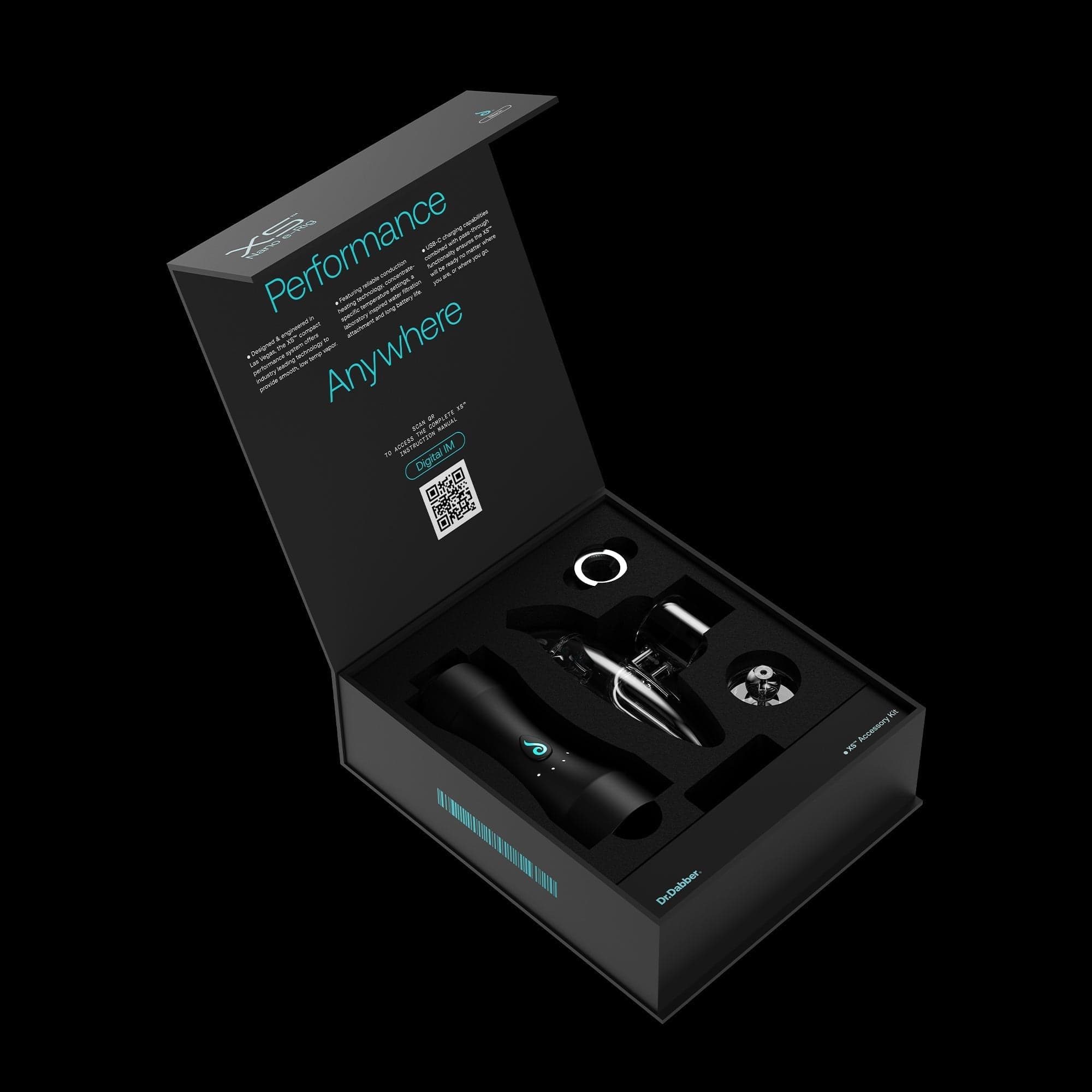 Angled top-down view of the open Dr. Dabber XS™ black accessory box showing foam inserts, teal text, and metallic components.