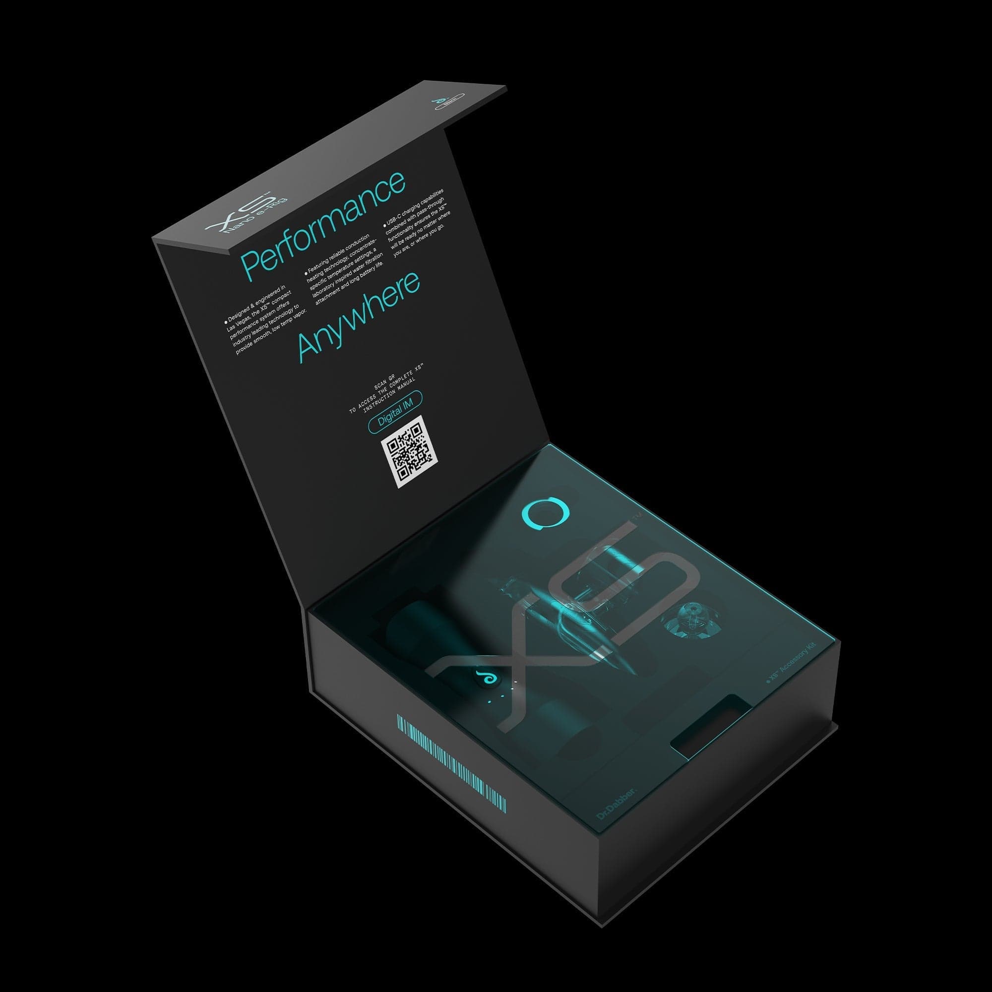 Angled top-down view of the open Dr. Dabber XS™ box showing teal-accented inner packaging, printed "Performance Anywhere" flap and visible accessories.