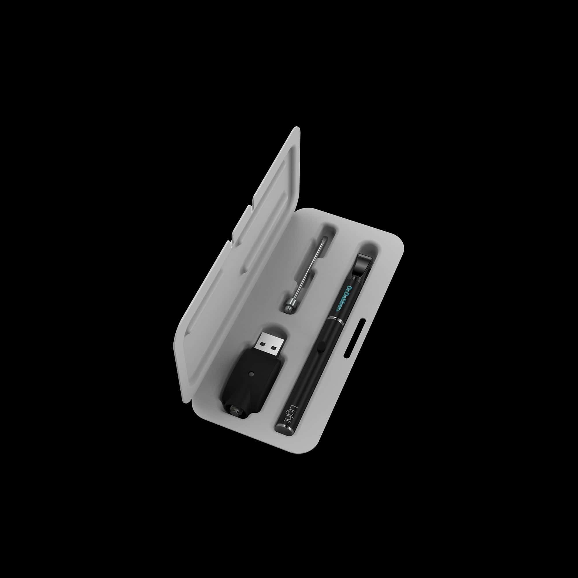 Angled close-up of the Light™ Vaporizer Kit inside its molded white case against a black background.