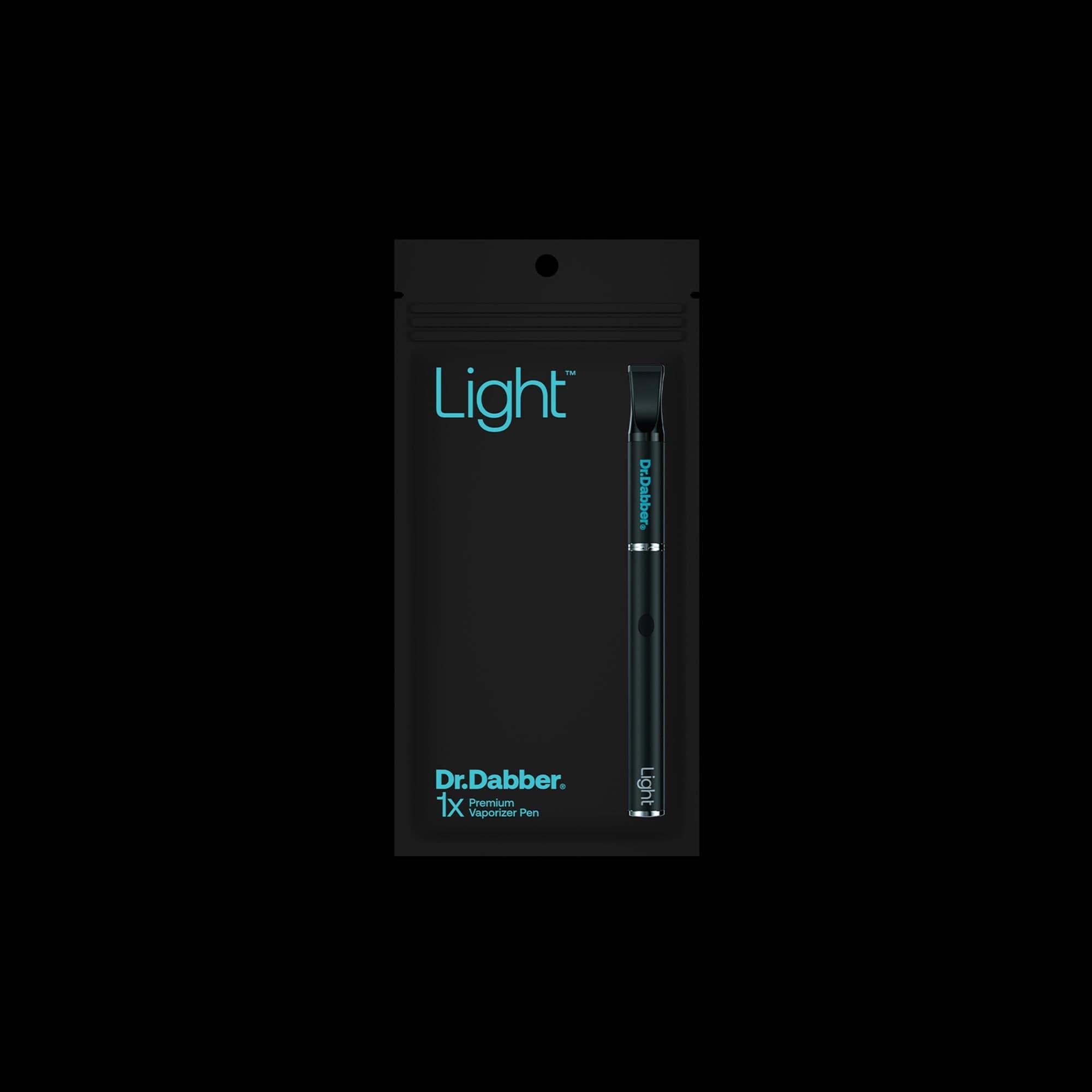 Top-centered view of the black packaging and pen of the Light™ Vaporizer Kit against a dark background.