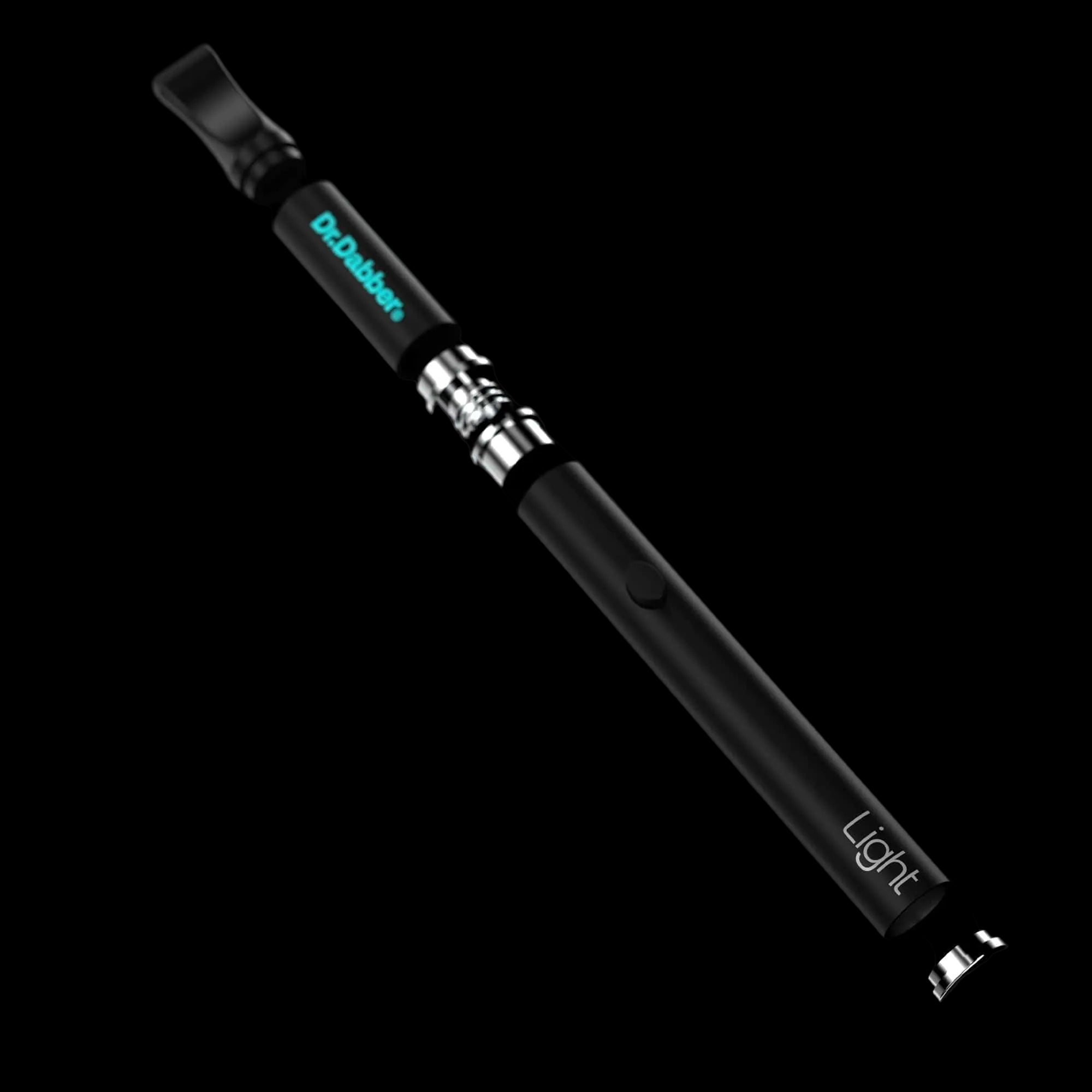 Diagonal close-up of the Light™ Vaporizer Kit pen against a black background showing its matte black body, teal logo, and chrome connector.