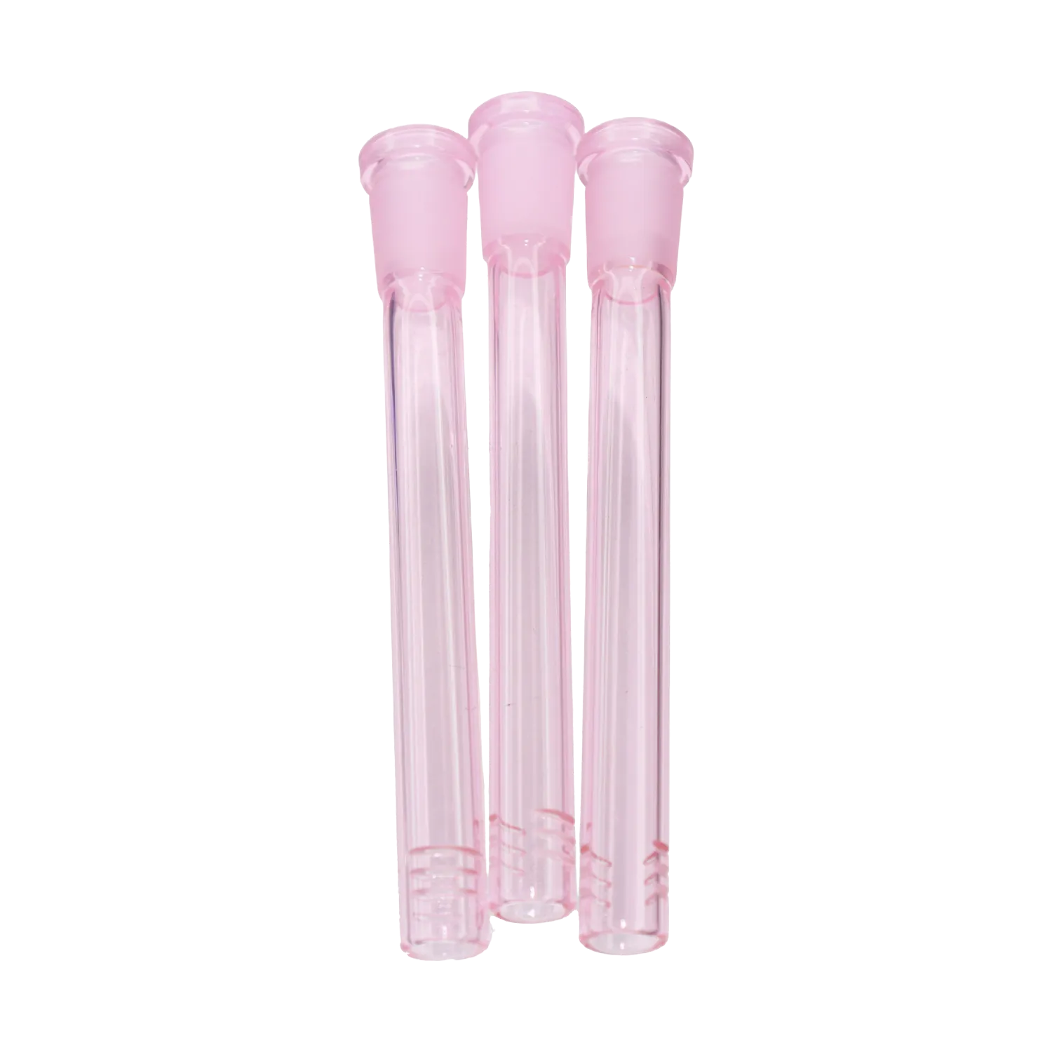 Close-up top-down view of three translucent teal DHC Color Diffused Downstem - 5 in. tubes aligned vertically against a white background.