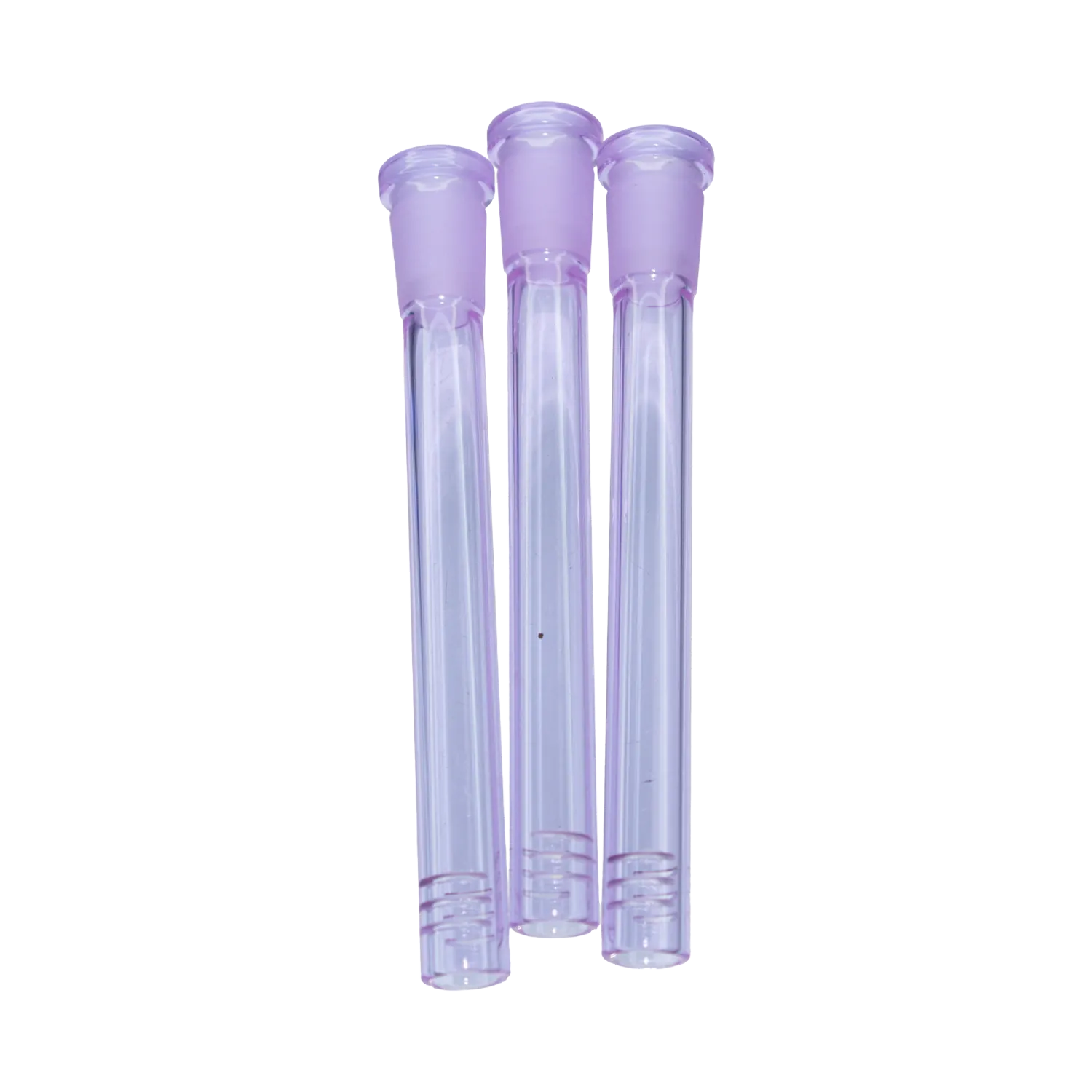 Close-up front view of three purple DHC Color Diffused Downstem - 5 in. glass tubes standing side by side on a white background.