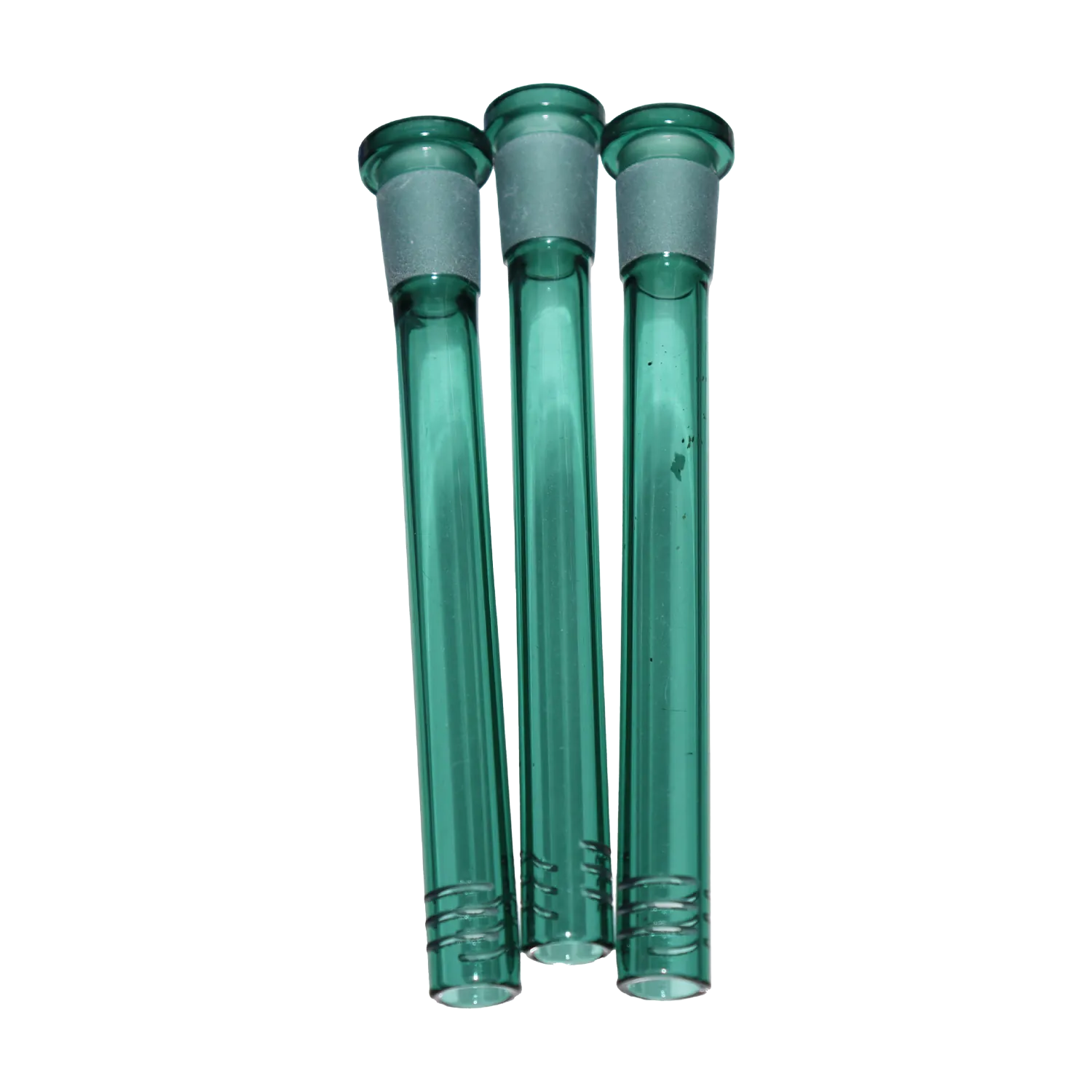 Close-up front view of three light blue DHC Color Diffused Downstem - 5 in. tubes aligned vertically on a white background.
