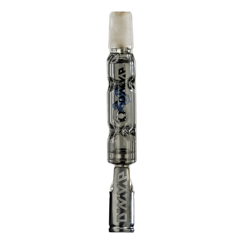Front view of The BB3| a clear glass piece with a unique, curved shape and a polished joint.