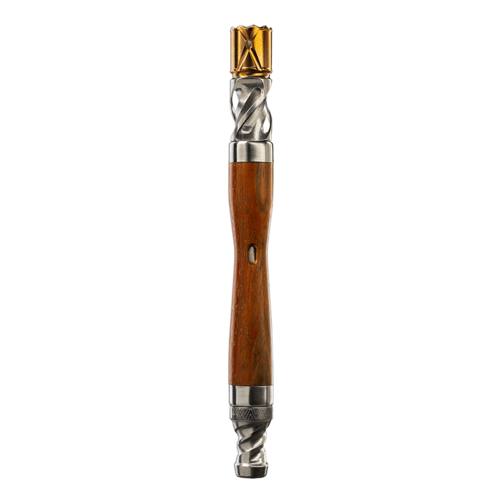 Front view of The WoodWynd, a detailed, ornate smoking device with a twisted metallic and wood grain design.