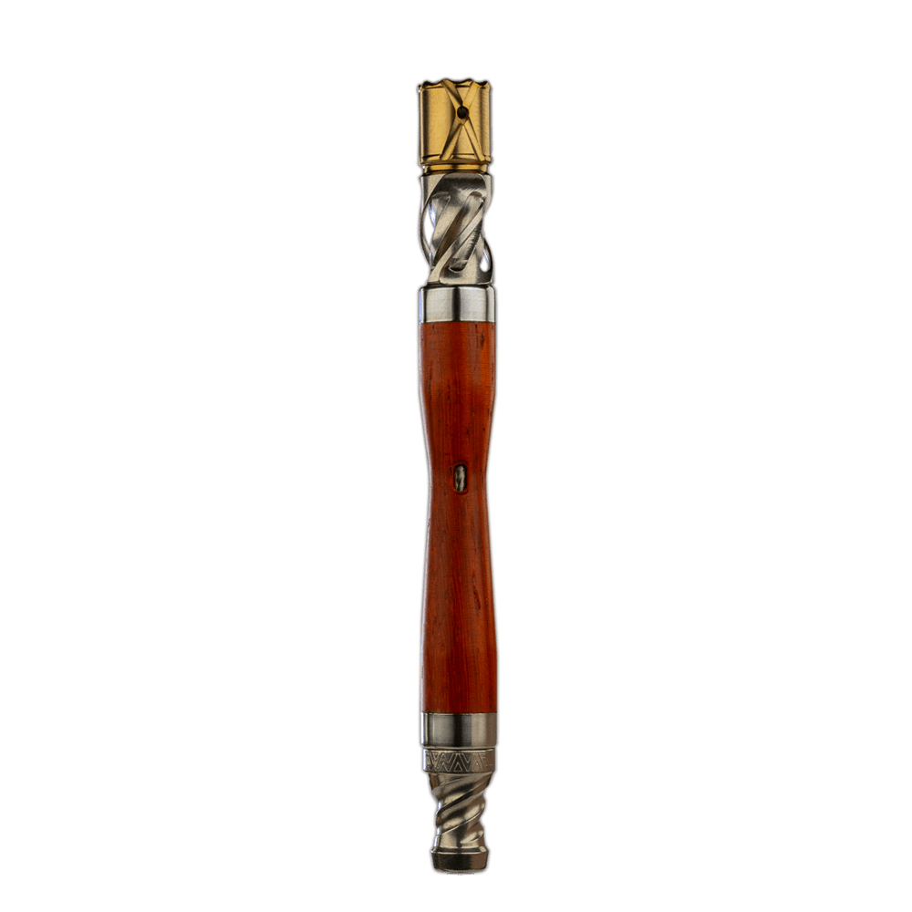 Front view of The WoodWynd, a detailed glass piece with a warm, wooden-grain pattern and sleek silver accents.