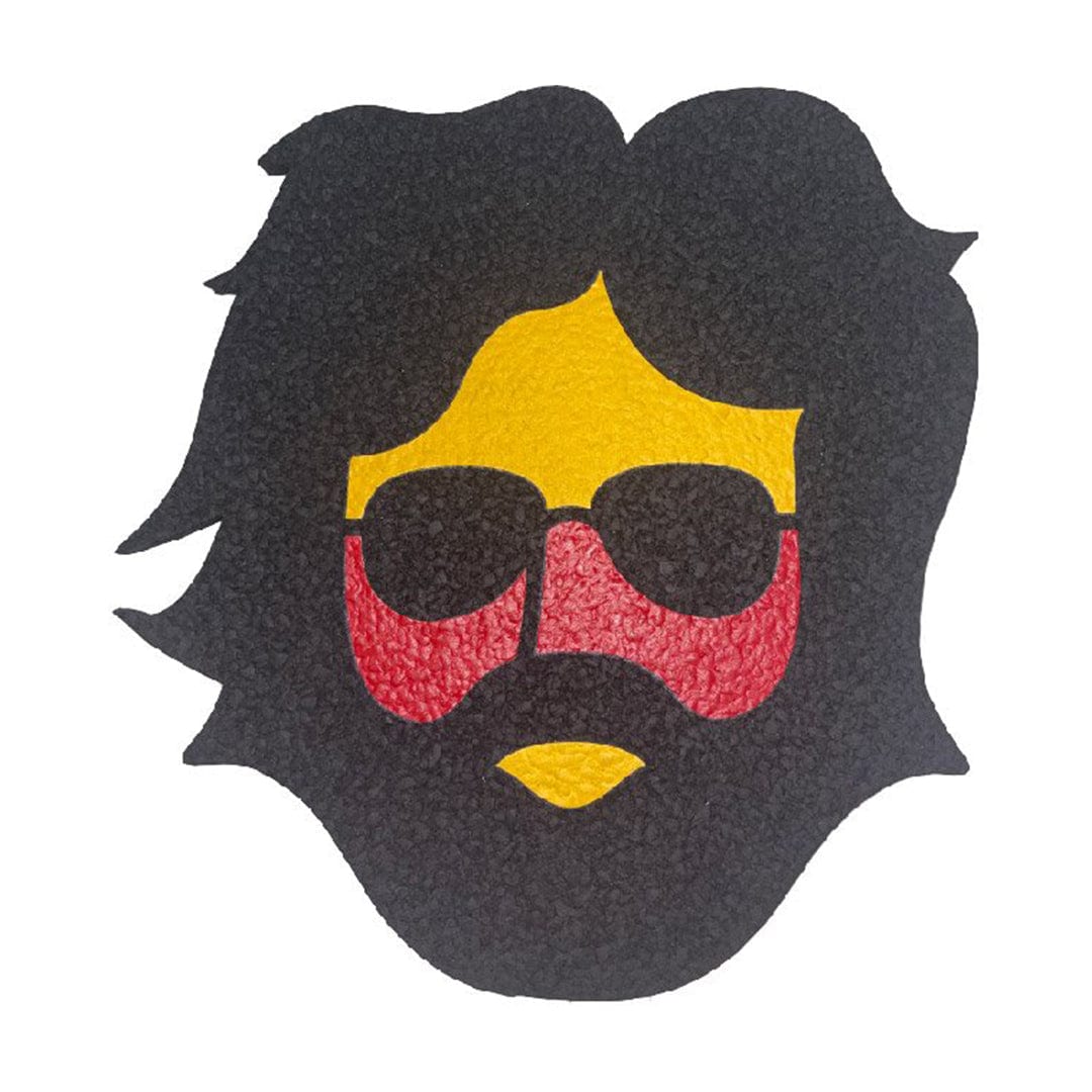 Front view of the 10" Dab Mats, showcasing a vibrant, abstract design with bold yellow and red shapes against a black background.