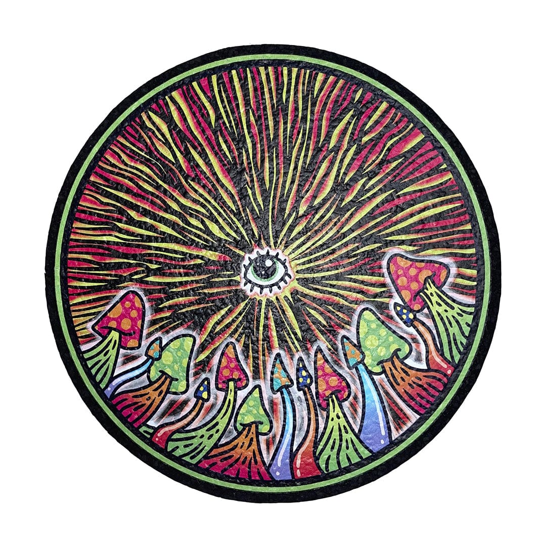A top-down view of the 10" Dab Mats featuring a vibrant, psychedelic design with radiating lines and colorful mushroom illustrations.