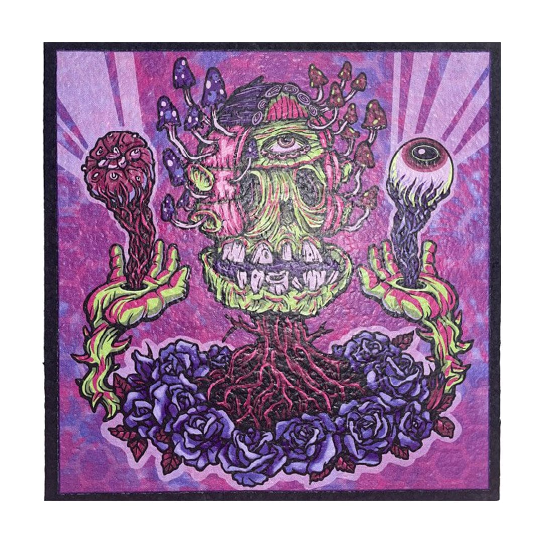 A vibrant, overhead view of the 10" Dab Mats featuring a fantastical hand holding a swirling, psychedelic eye design.