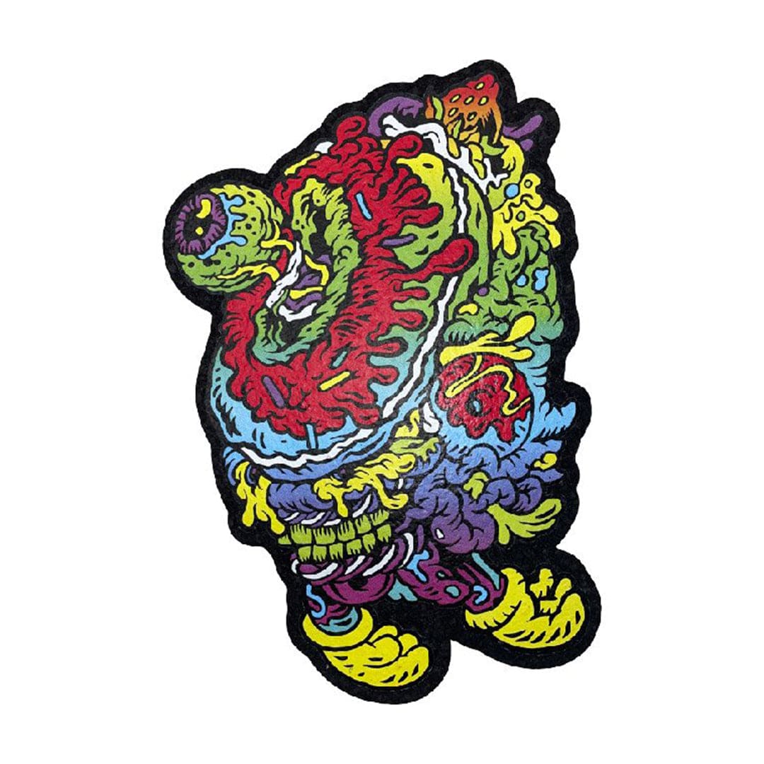 A vibrant, overhead view of the 10" Dab Mats featuring a colorful, psychedelic design with swirling patterns and bold lines.