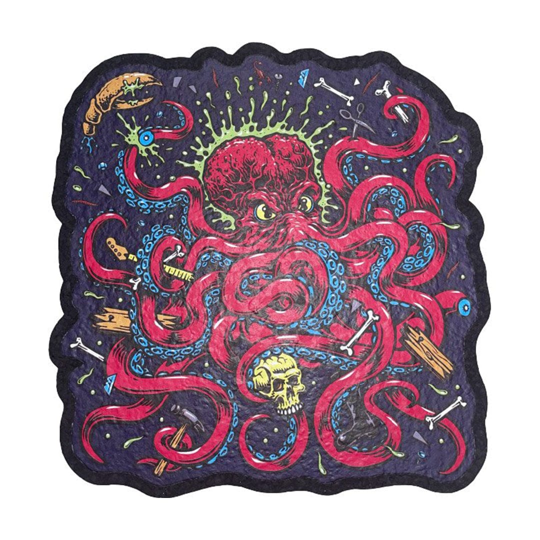 A vibrant, overhead view of the 10" Dab Mats depicting a detailed, colorful octopus design with swirling tentacles.