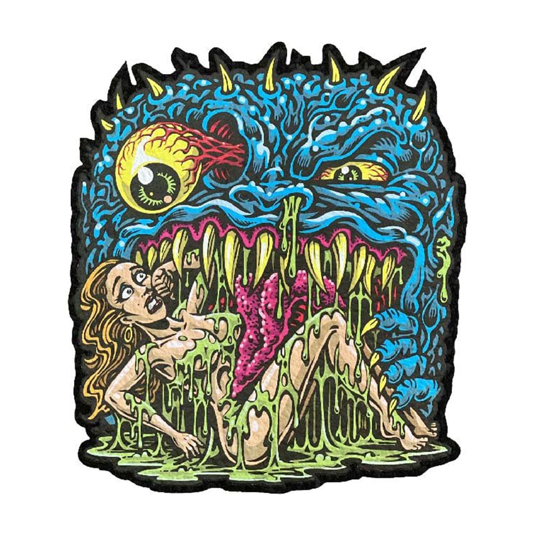 A surreal close-up of the 10" Dab Mats featuring a distorted face with jagged teeth and swirling blue details.